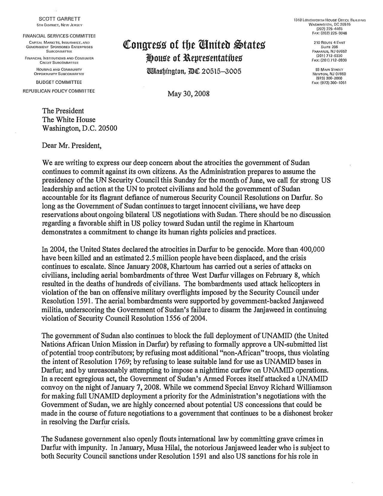 Letter of Parliamentarians to US President on situation in Sudan