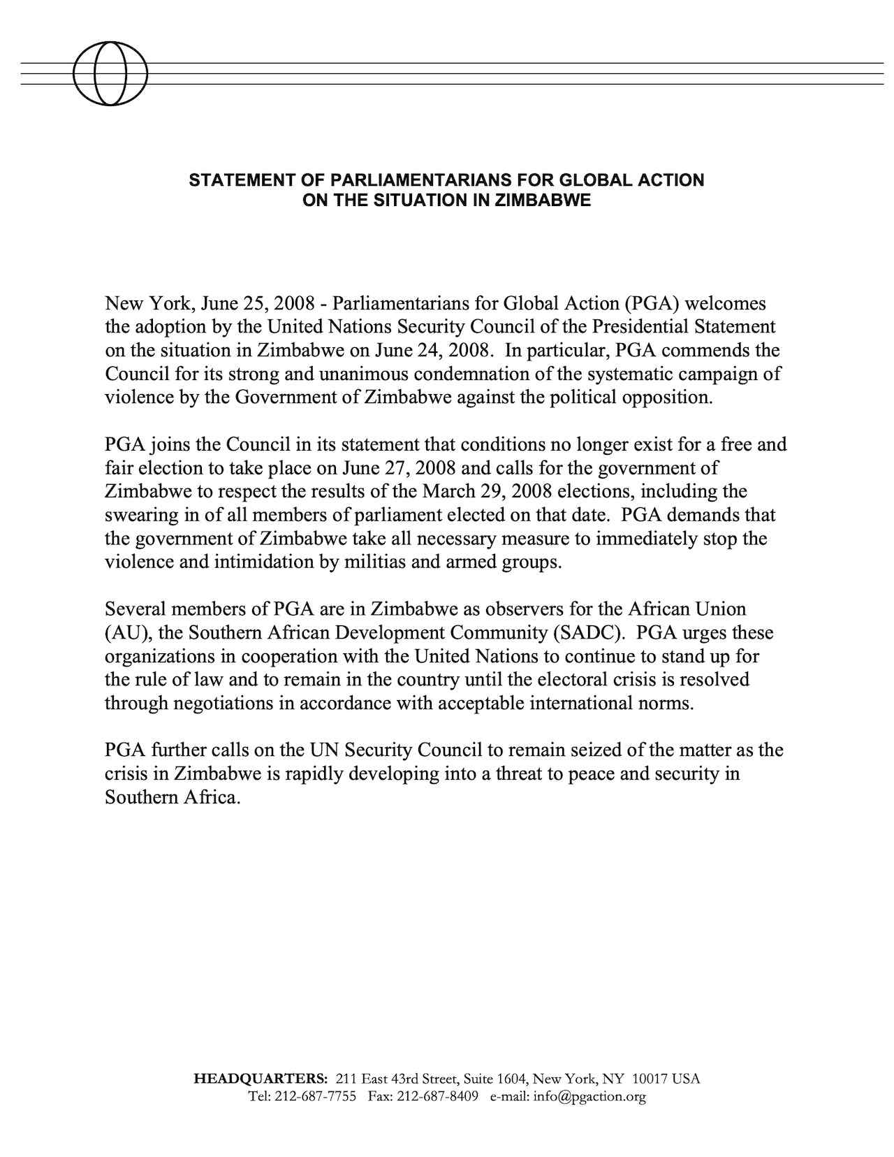 Statement by PGA on the Situation in Zimbabwe (Jun. 2008)