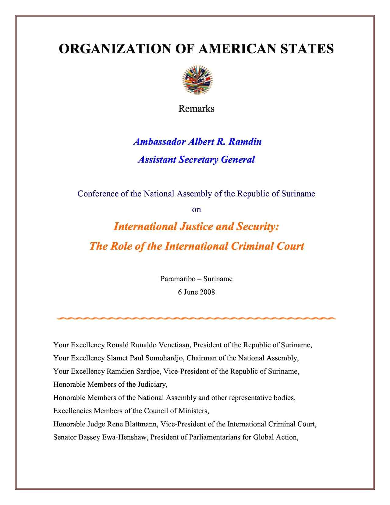 Speech: Ambassador Albert R. Ramdin