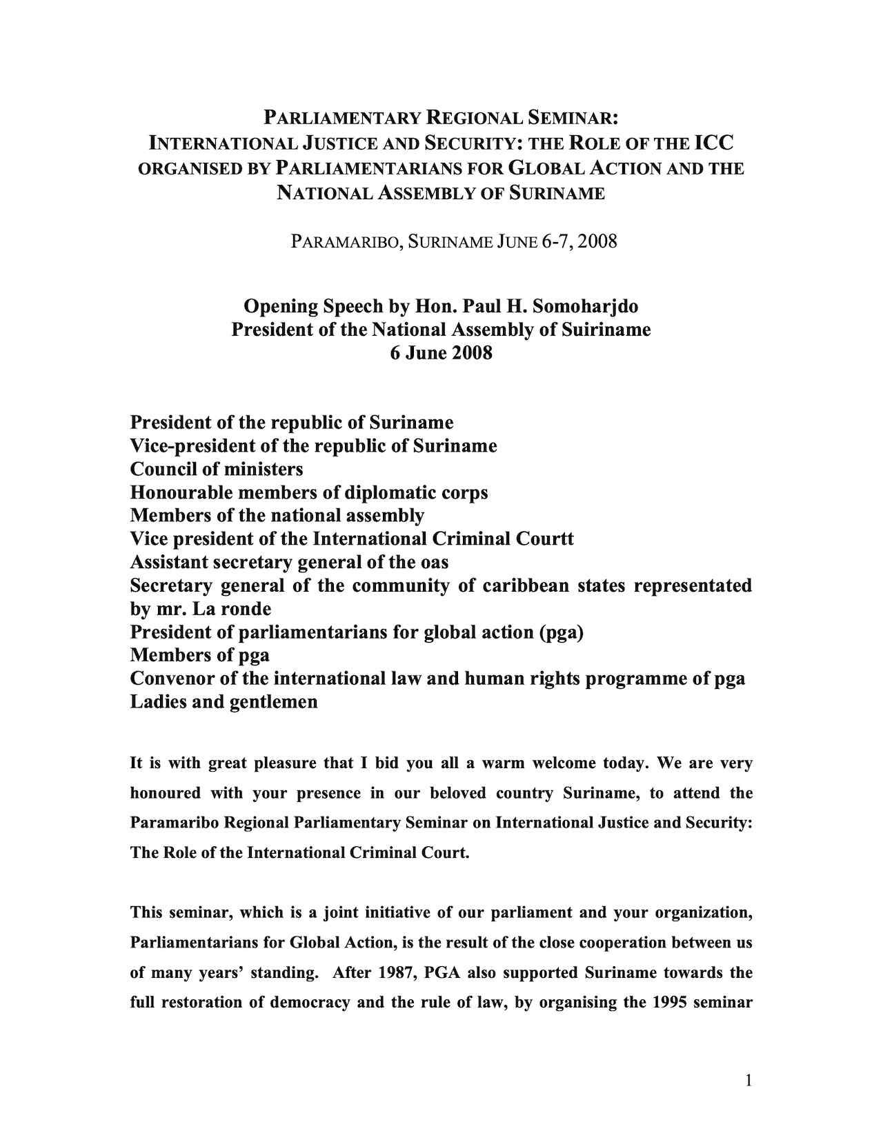 Opening Speech by Hon. Paul H. Somoharjdo