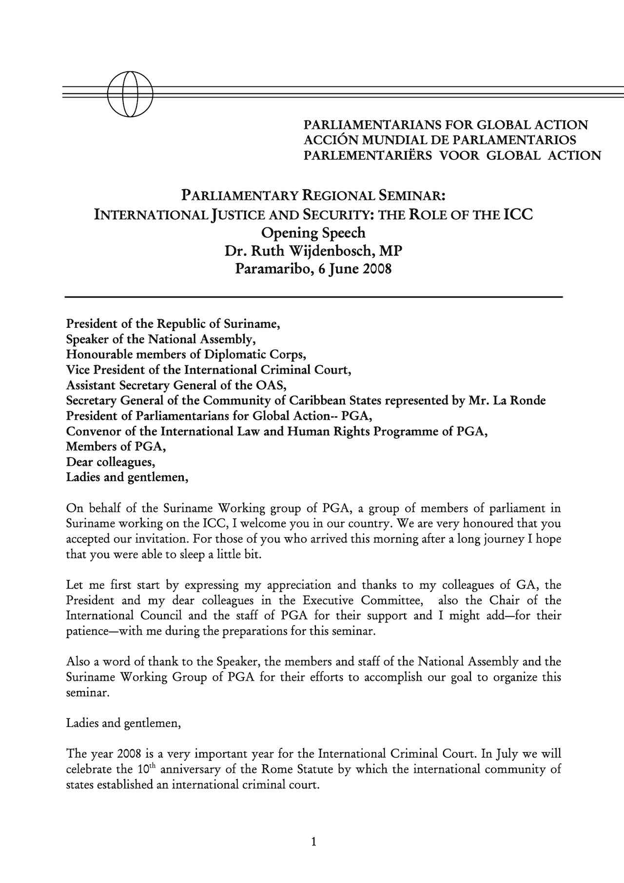 Speech: Dr. Ruth Wijdenbosch, MP