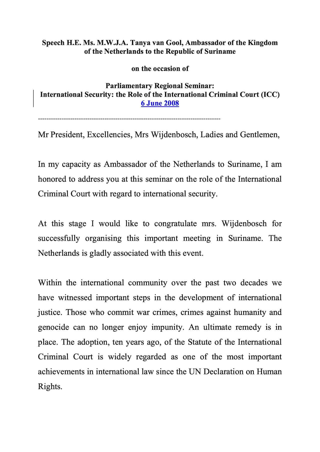 Speech: H.E. Ms. M.W.J.A. Tanya van Gool