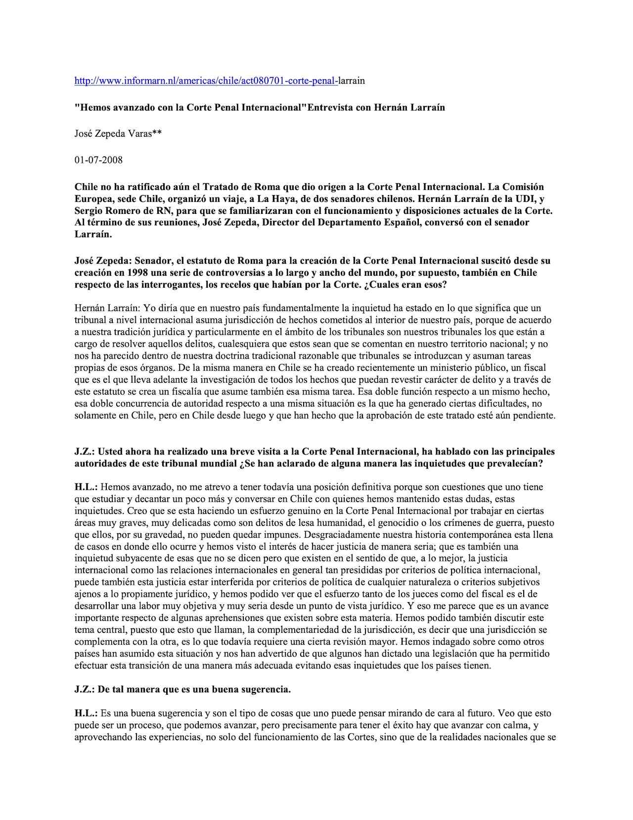 Entrevista con Hernán Larraín: "Hemos avanzado con la Corte Penal Internacional"