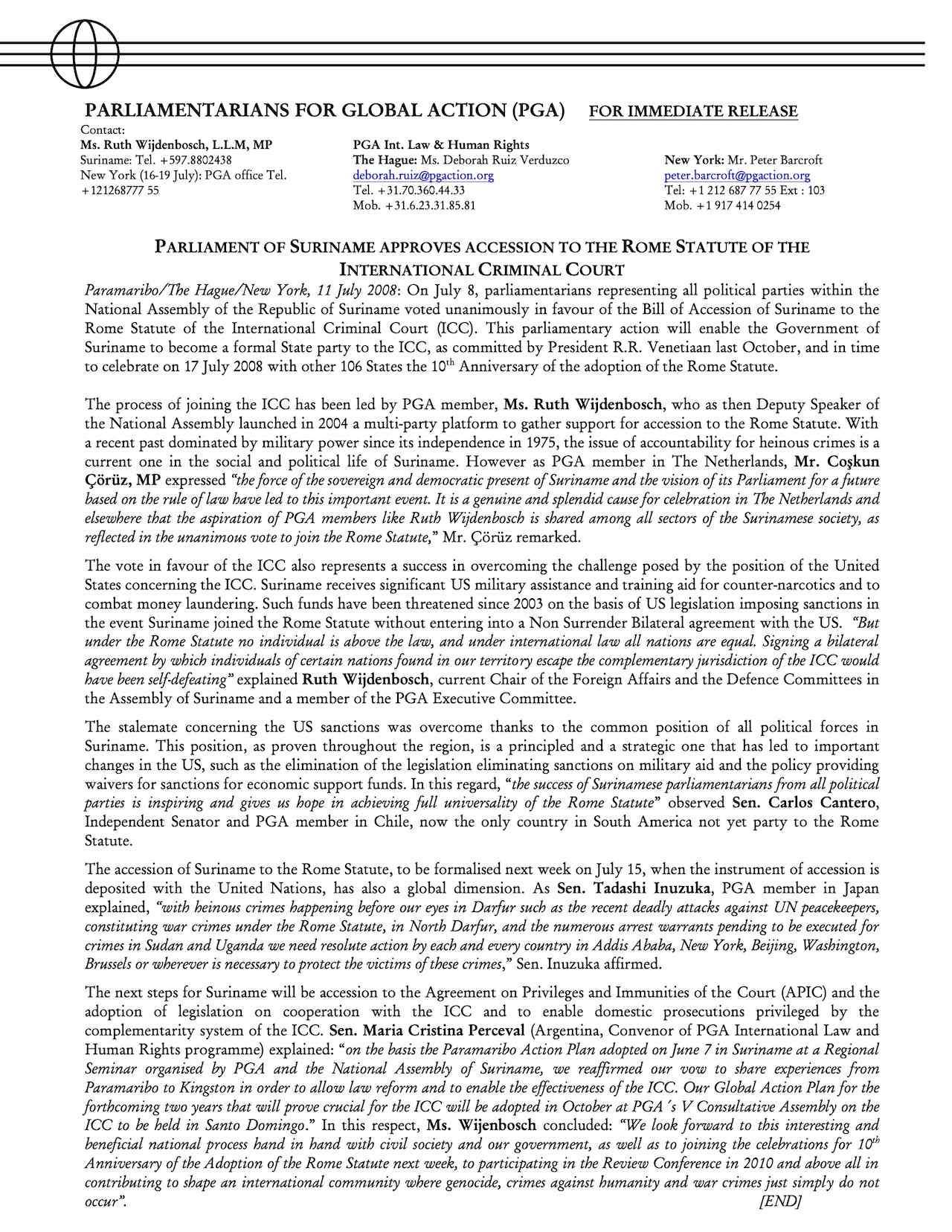 Parliament of Suriname Approves Accession to the Rome Statute of the International Criminal Court