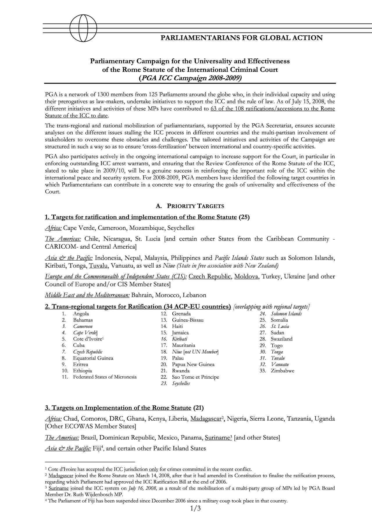 PGA ICC Campaign 2008-2009 - Calendar and Targets