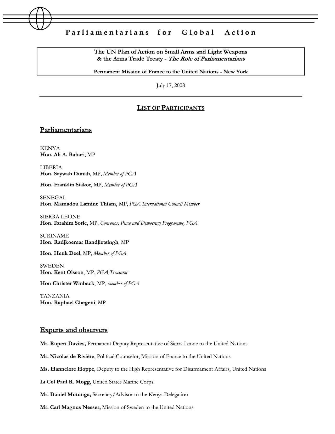 List of Participants: The UN Plan of Action on Small Arms and Light Weapons
