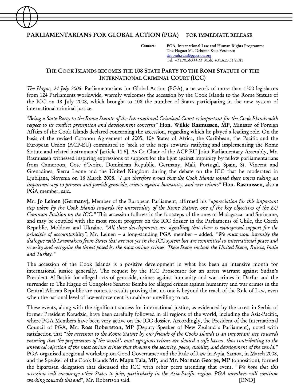 The Cook Islands Becomes the 108th State Party to the Rome Statute of the International Criminal Court (ICC)