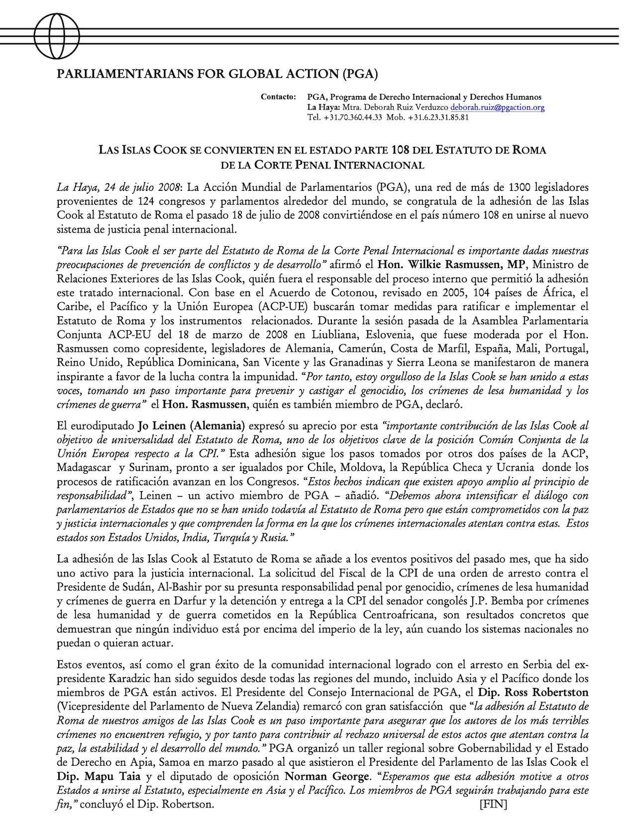Las Islas Cook Se Convierten En El Estado Parte 108 Del Estatuto De Roma De La Corte Penal Internacional