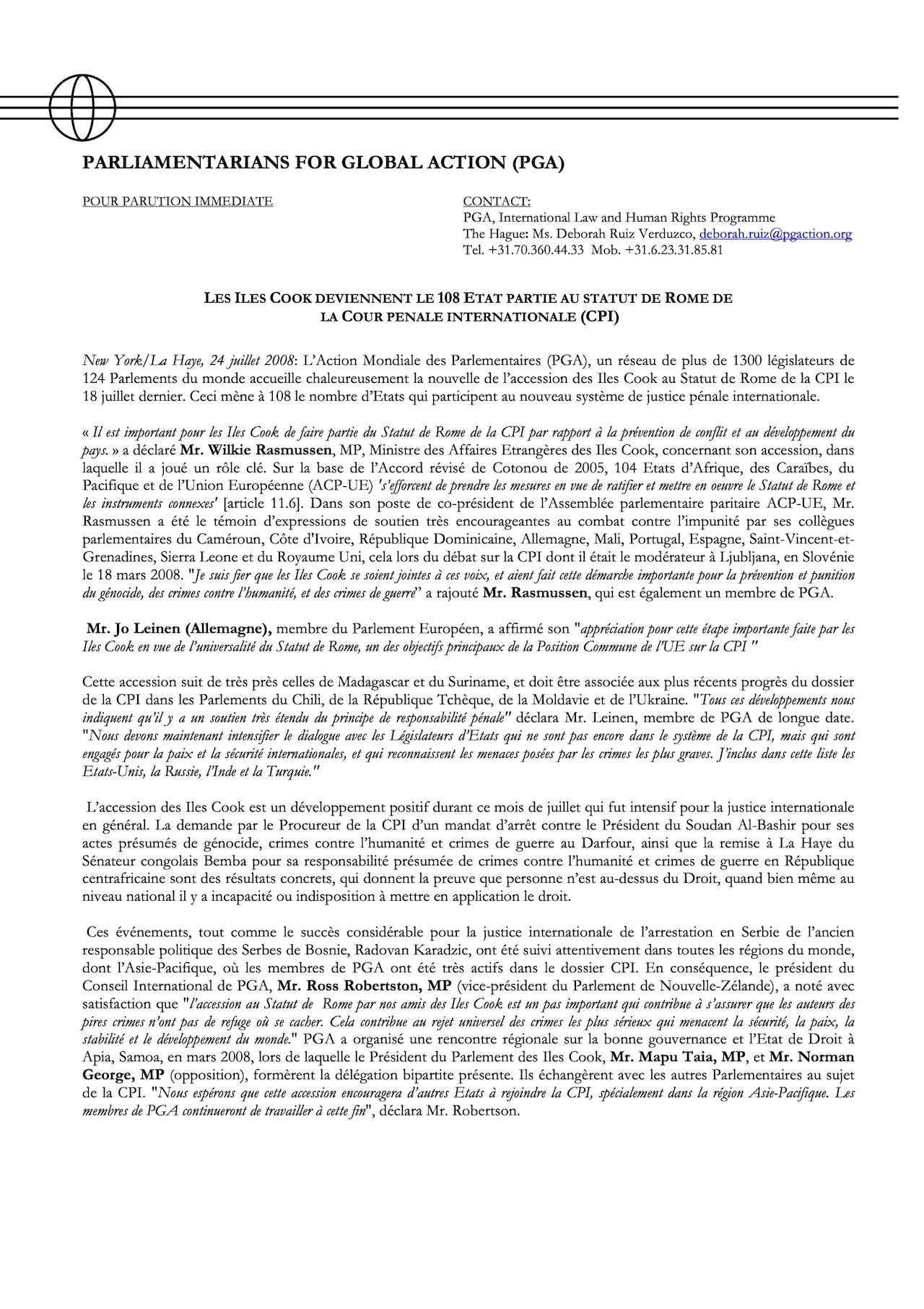 Les Iles Cook Deviennent Le 108 Etat Partie Au Statut De Rome De La Cour Penale Internationale (CPI)