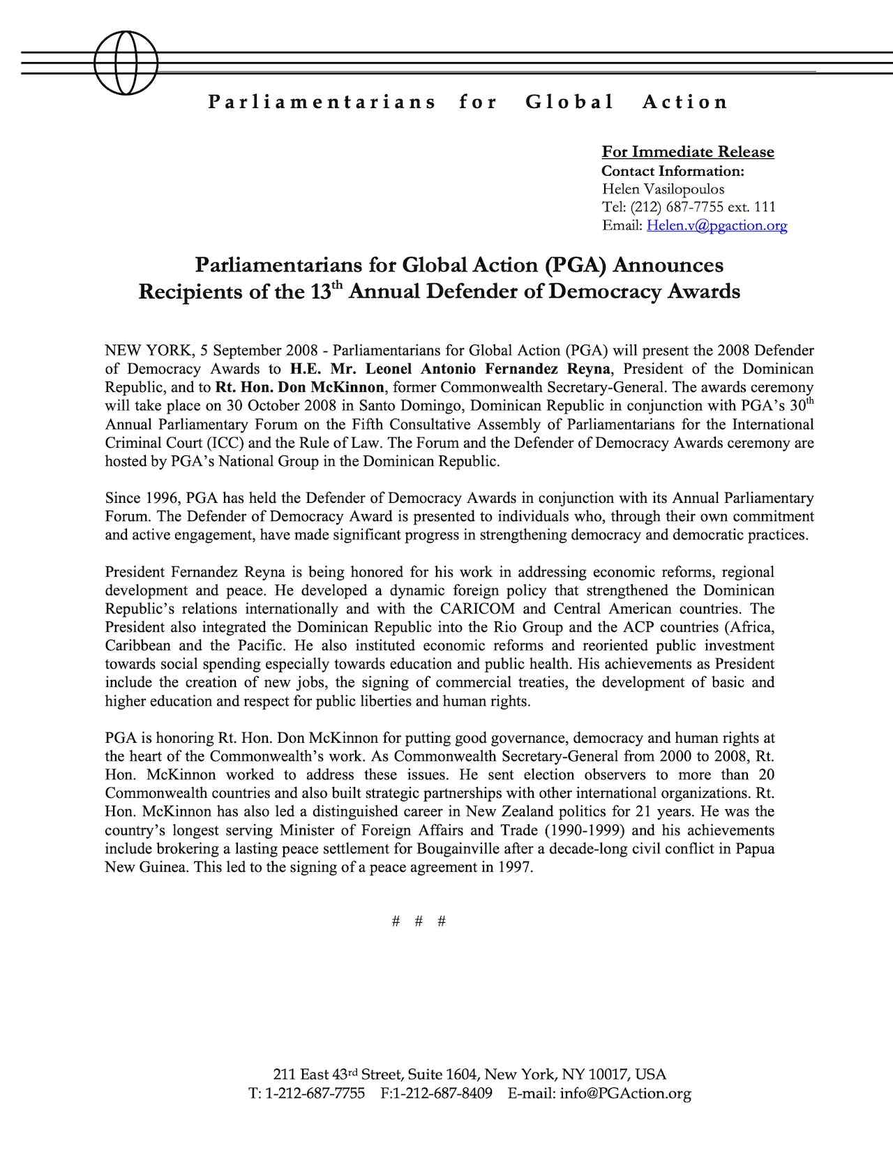 PGA Announces Recipients of 13th Annual Defender of Democracy Awards