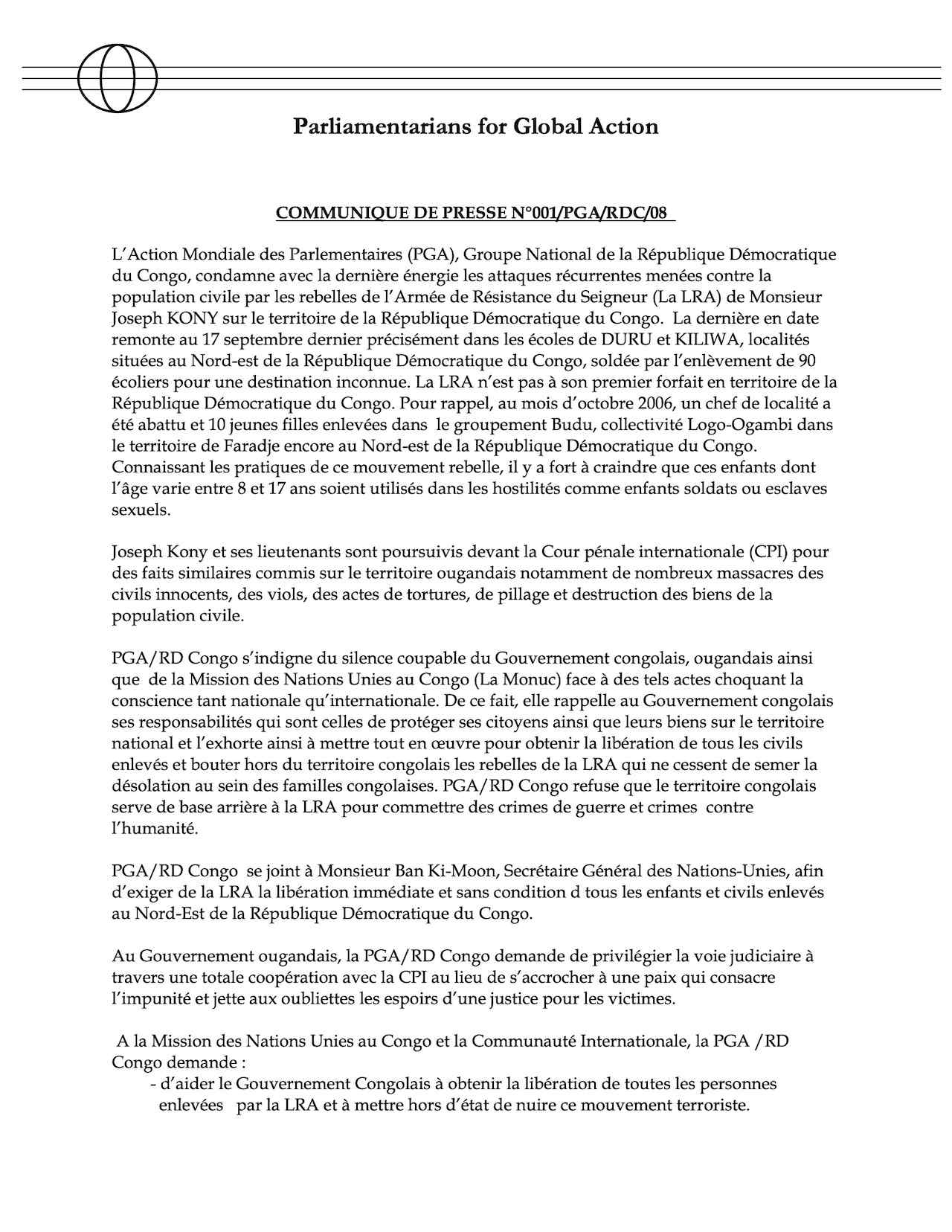 PGA condamne les attaques récurrentes menées contre la population civile par les rebelles de l’Armée de Résistance du Seigneur