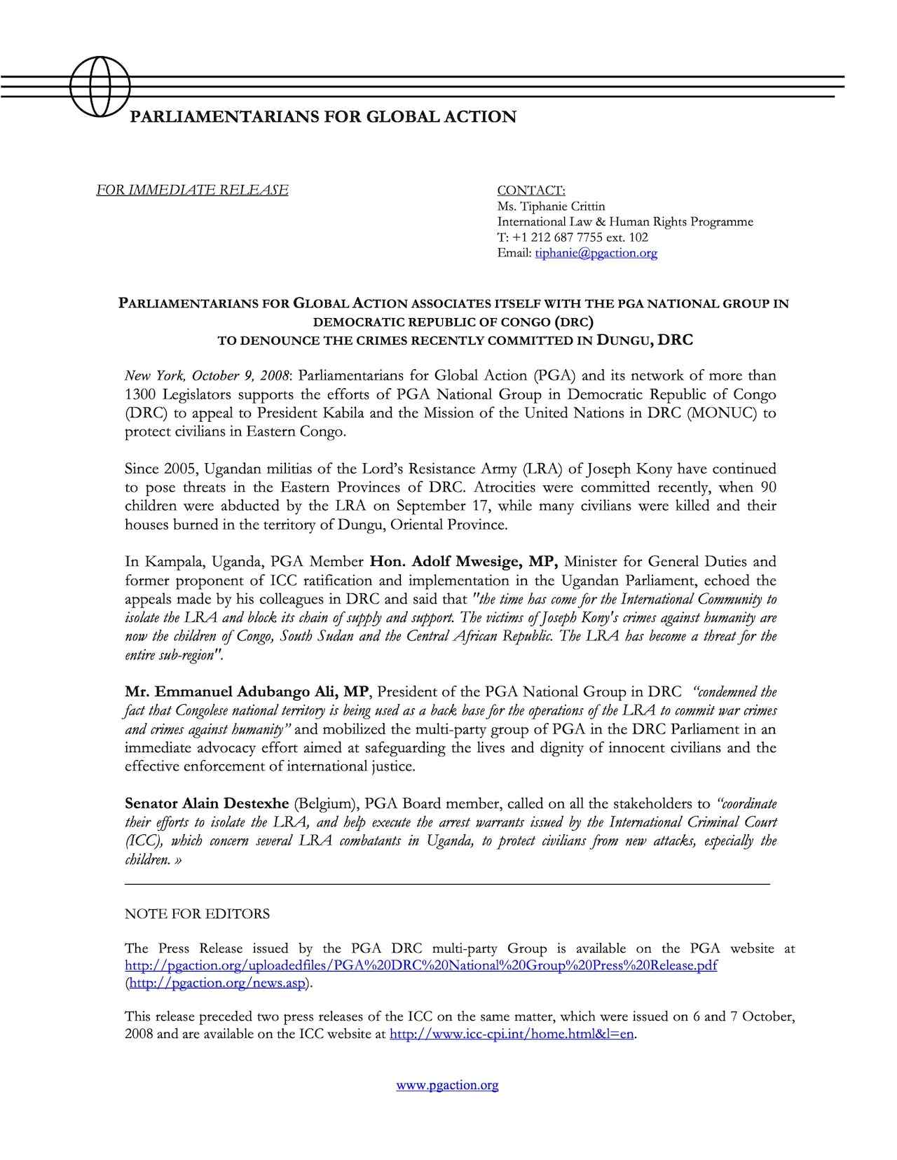 PGA Associates Itself with the PGA National Group in DRC to Denounce Crimes Recently Committed in Dungu, DRC