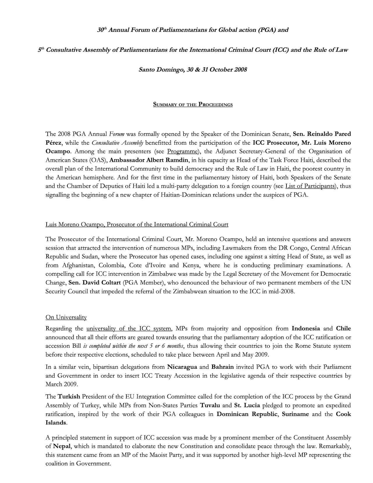 Summary of Proceedings: 30th Annual Forum of Parliamentarians for Global Action and 5th Consultative Assembly of Parliamentarians for the ICC and the Rule of Law