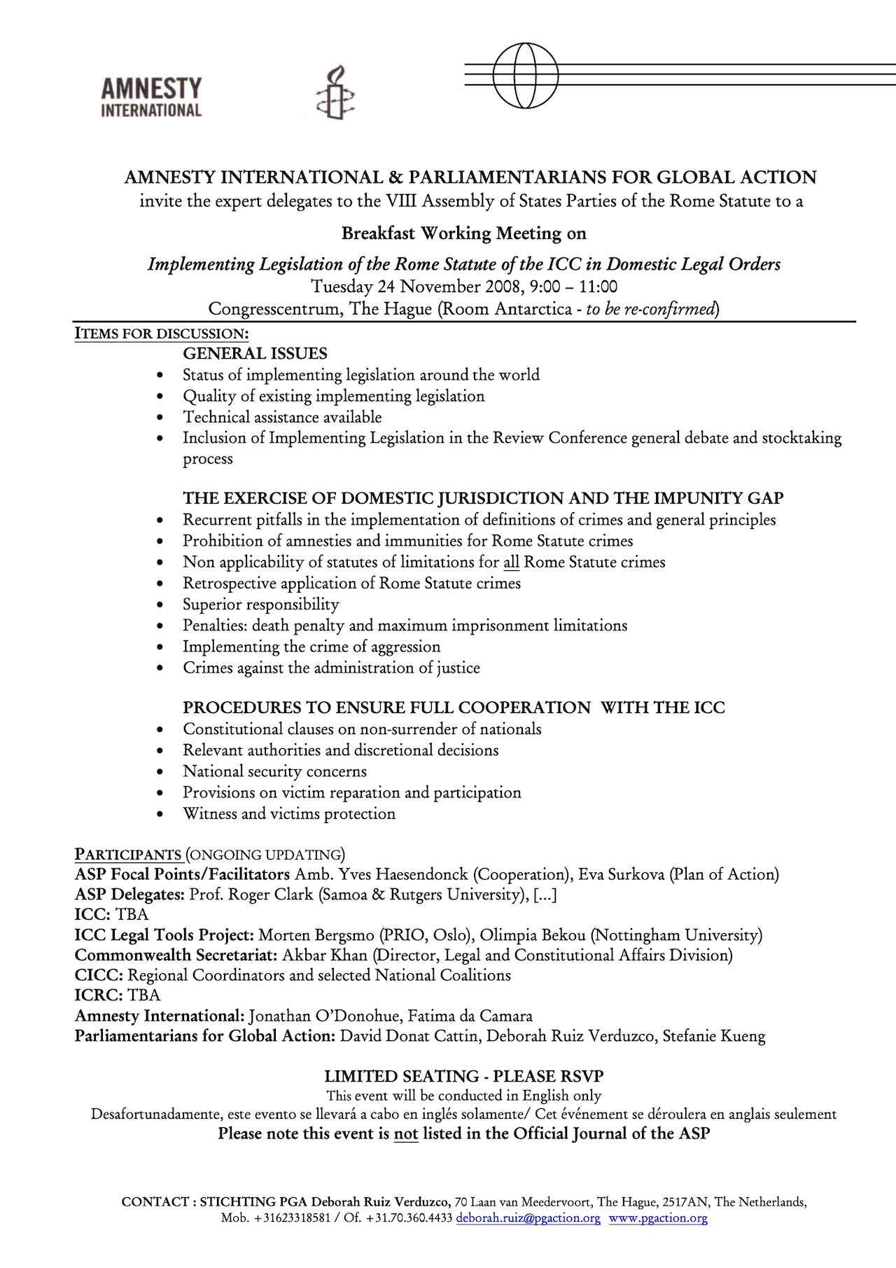 Breakfast Working Meeting on Implementing Legislation of the Rome Statute of the ICC in Domestic Legal Orders