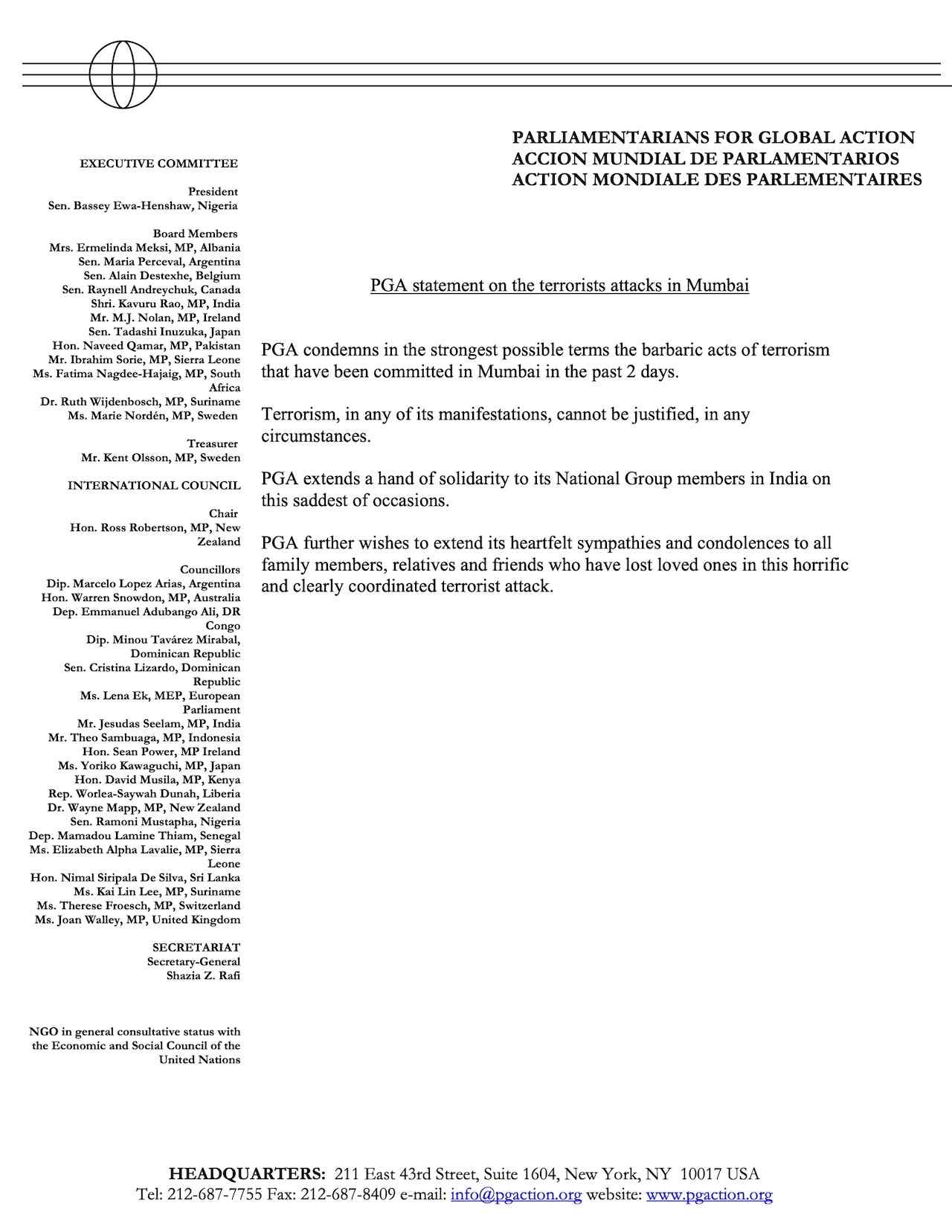 PGA statement on the terrorists attacks in Mumbai