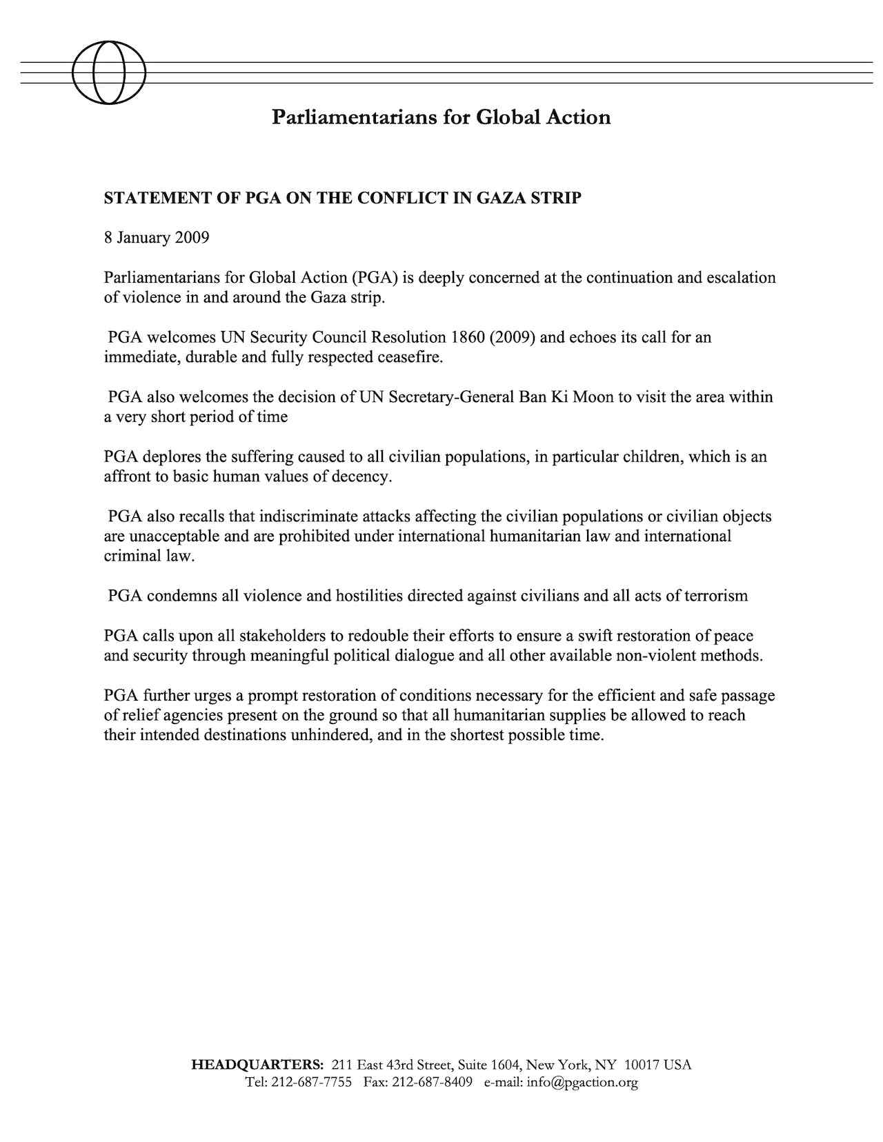 PGA Statement on the Conflict in the Gaza Strip (Jan. 2009)