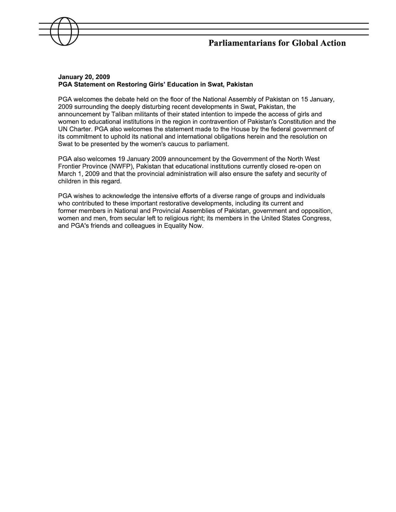 PGA Statement on Restoring Girls’ Education in Swat, Pakistan