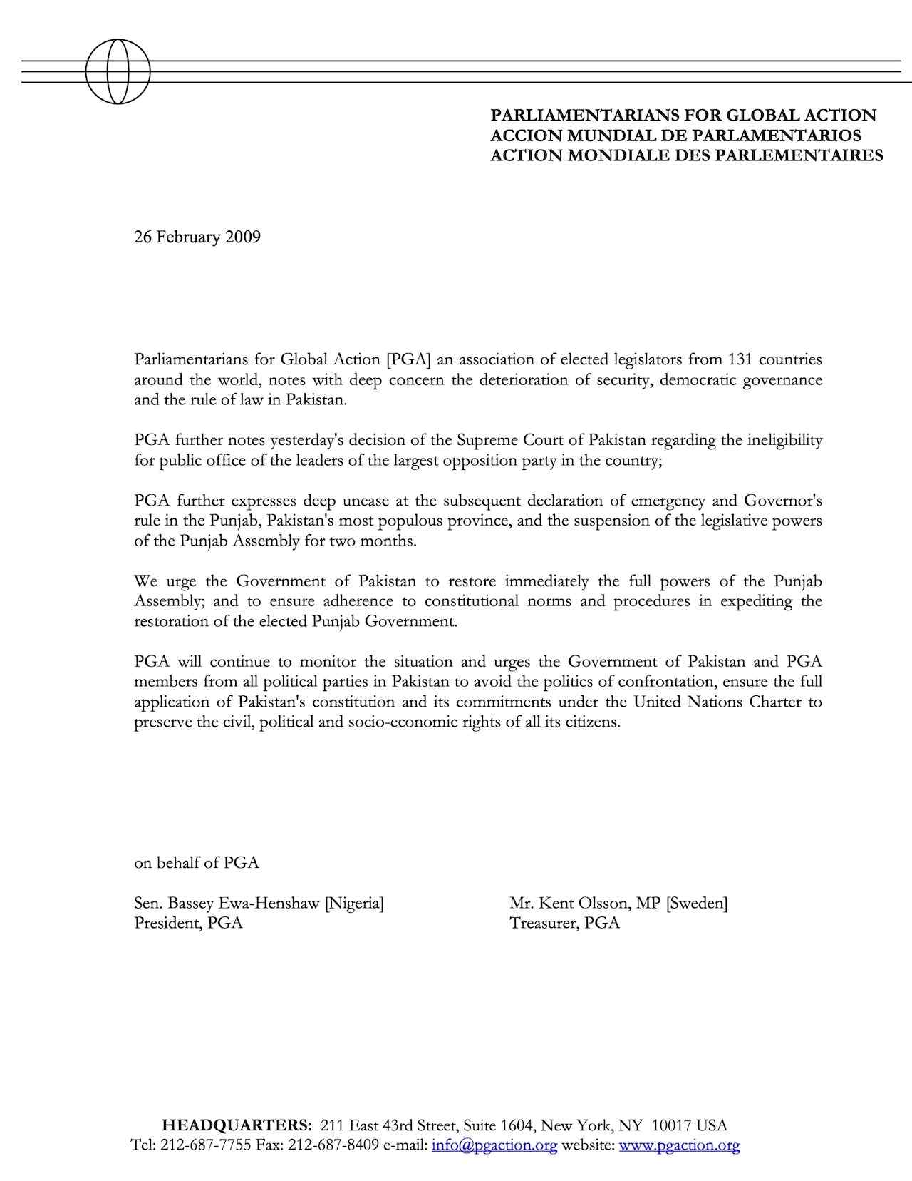 PGA Statement on the Situation in Pakistan