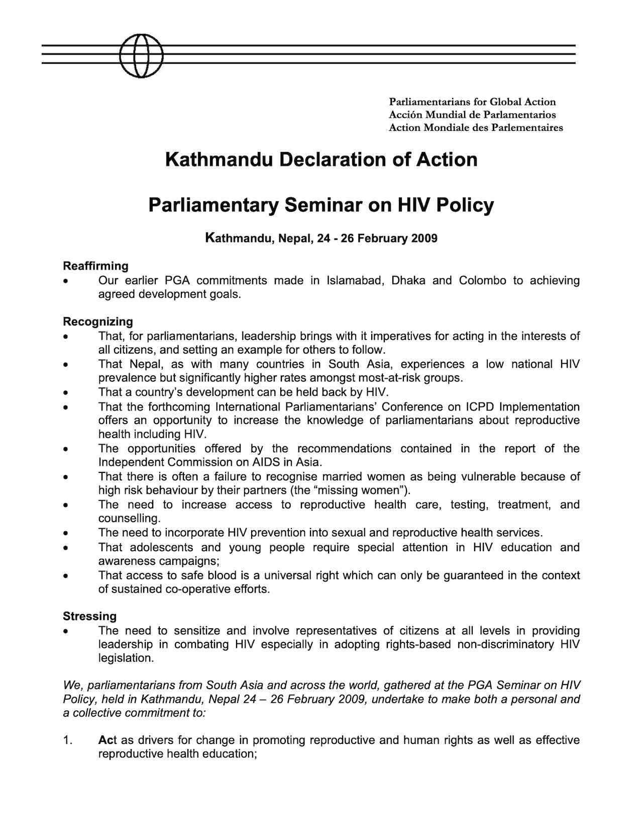 Kathmandu Declaration of Action - Parliamentary Seminar on HIV Policy
