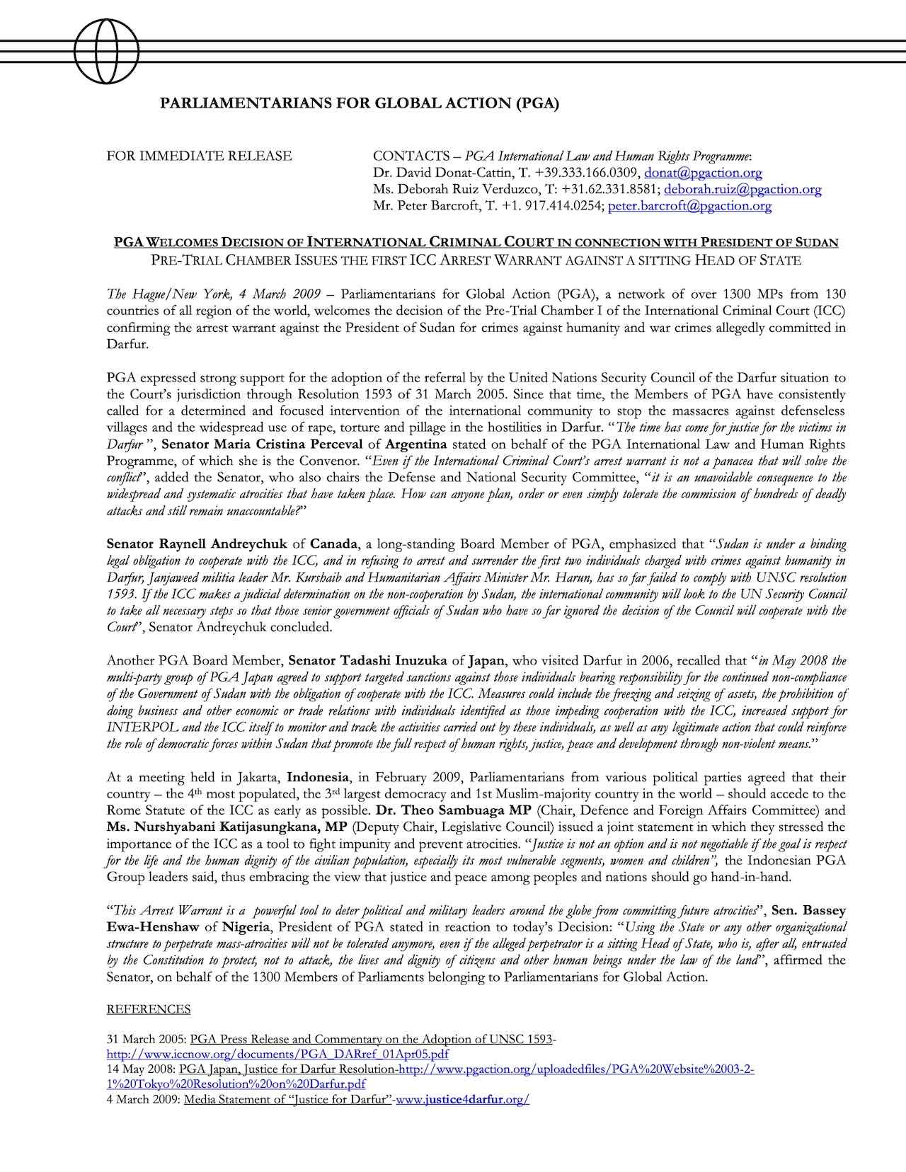 PGA Welcomes Decision of International Criminal Court in Connection with President of Sudan