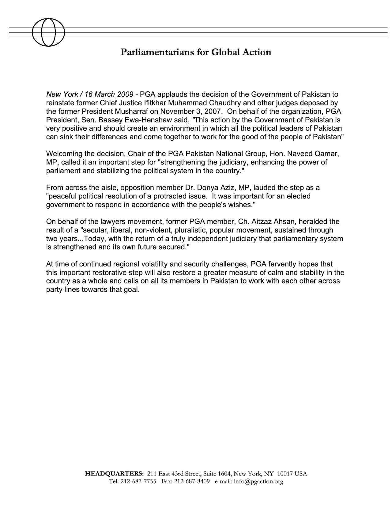 PGA applauds the decision of the Government of Pakistan to reinstate former Chief Justice Ifitkhar Muhammad Chaudhry