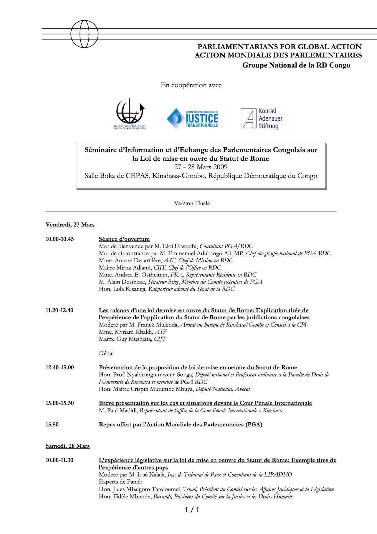 Séminaire d’Information et d’Echange des Parlementaires Congolais sur la Loi de mise en ouvre du Statut de Rome