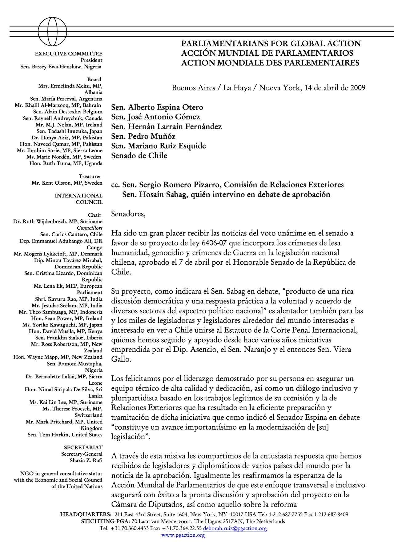 Letter to Chilean Senators (April 2009) (español)