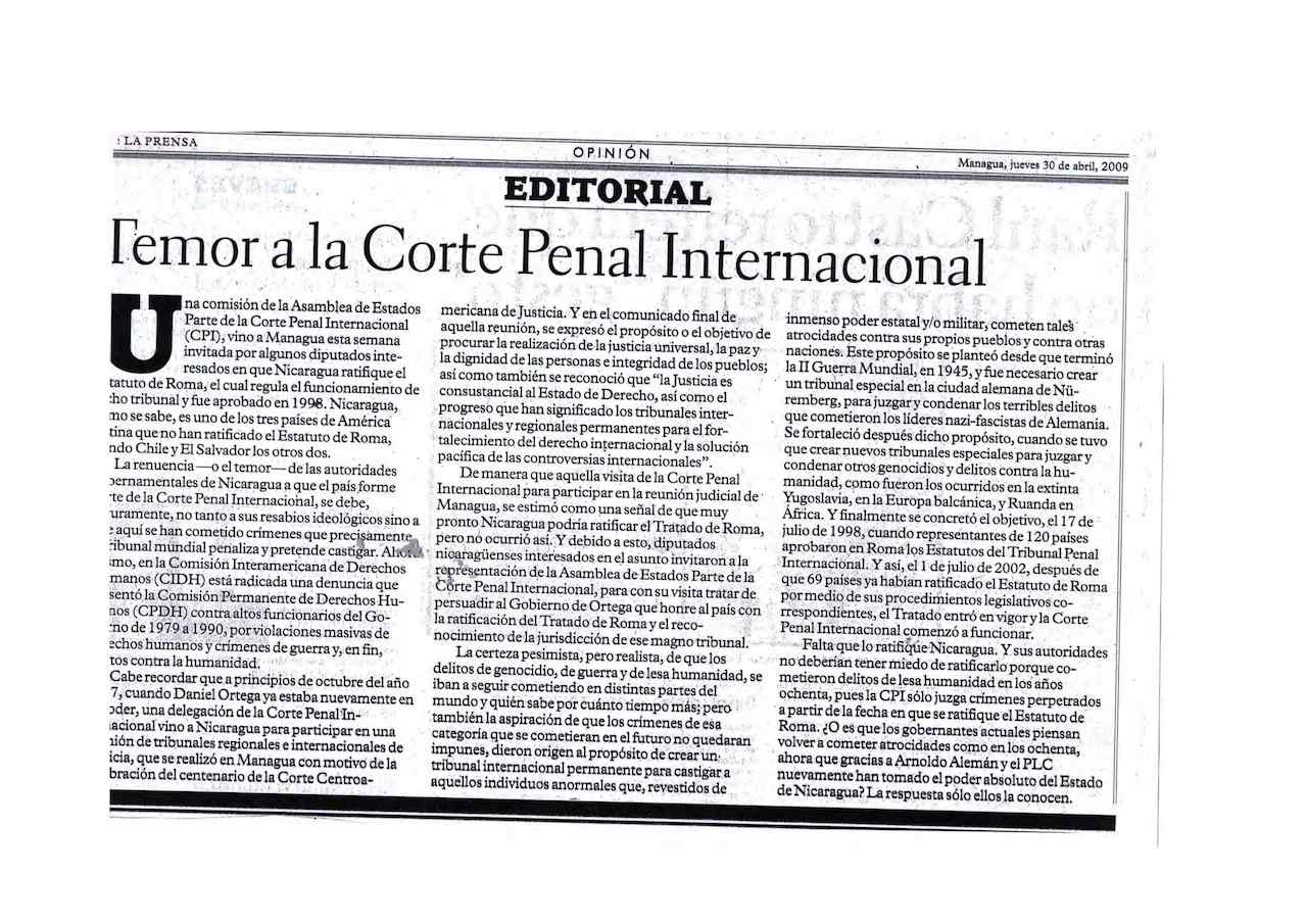 Temor a la Corte Penal Internacional (Nicaragua) (Apr. 2009)