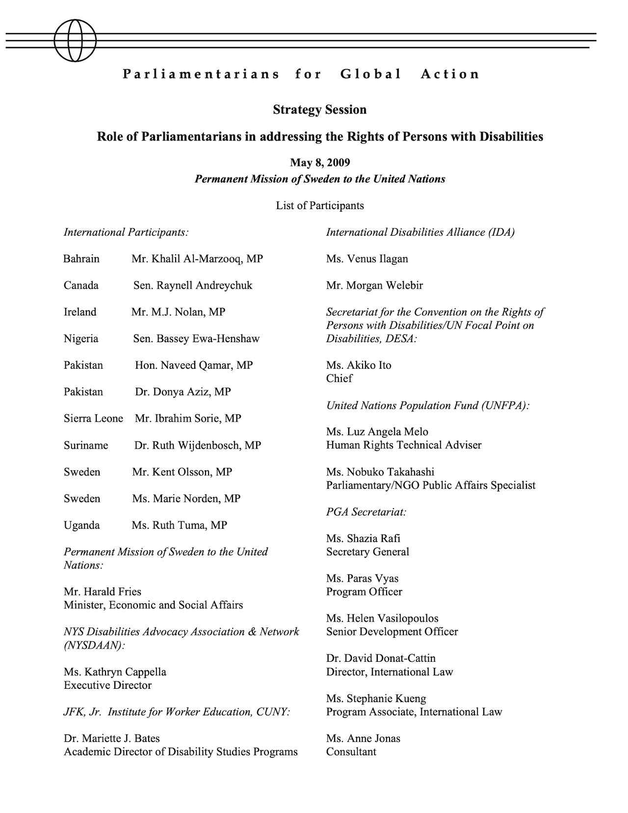 List of Participants: Strategy Session - Role of Parliamentarians in Addressing the Rights of Persons with Disabilities