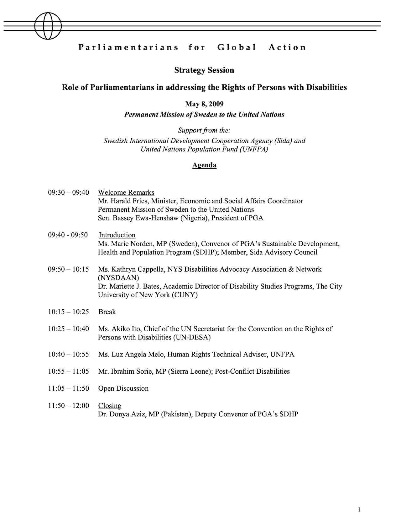 Agenda: Role of Parliamentarians in addressing the Rights of Persons with Disabilities (May 2009)