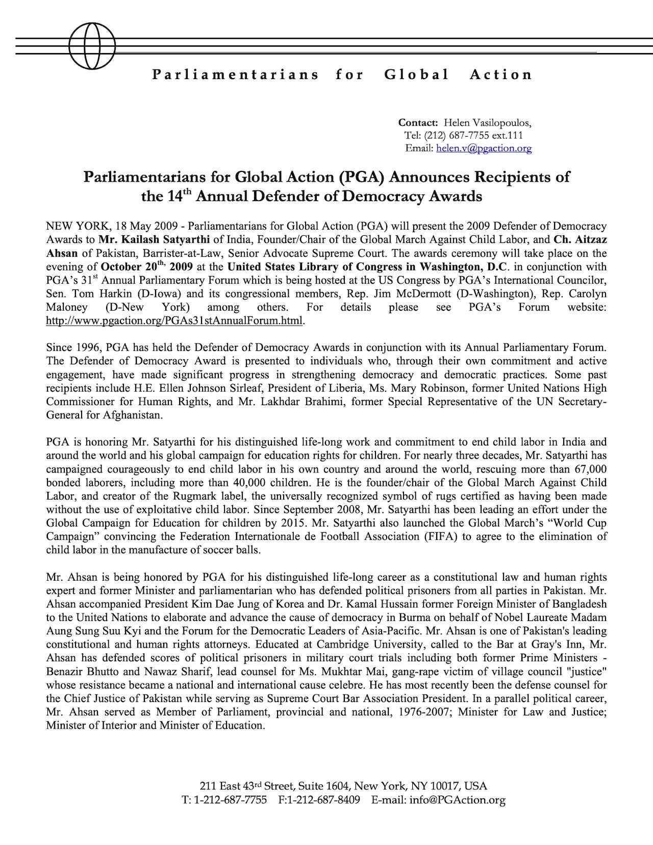 PGA Announces Recipients of 14th Annual Defender of Democracy Awards