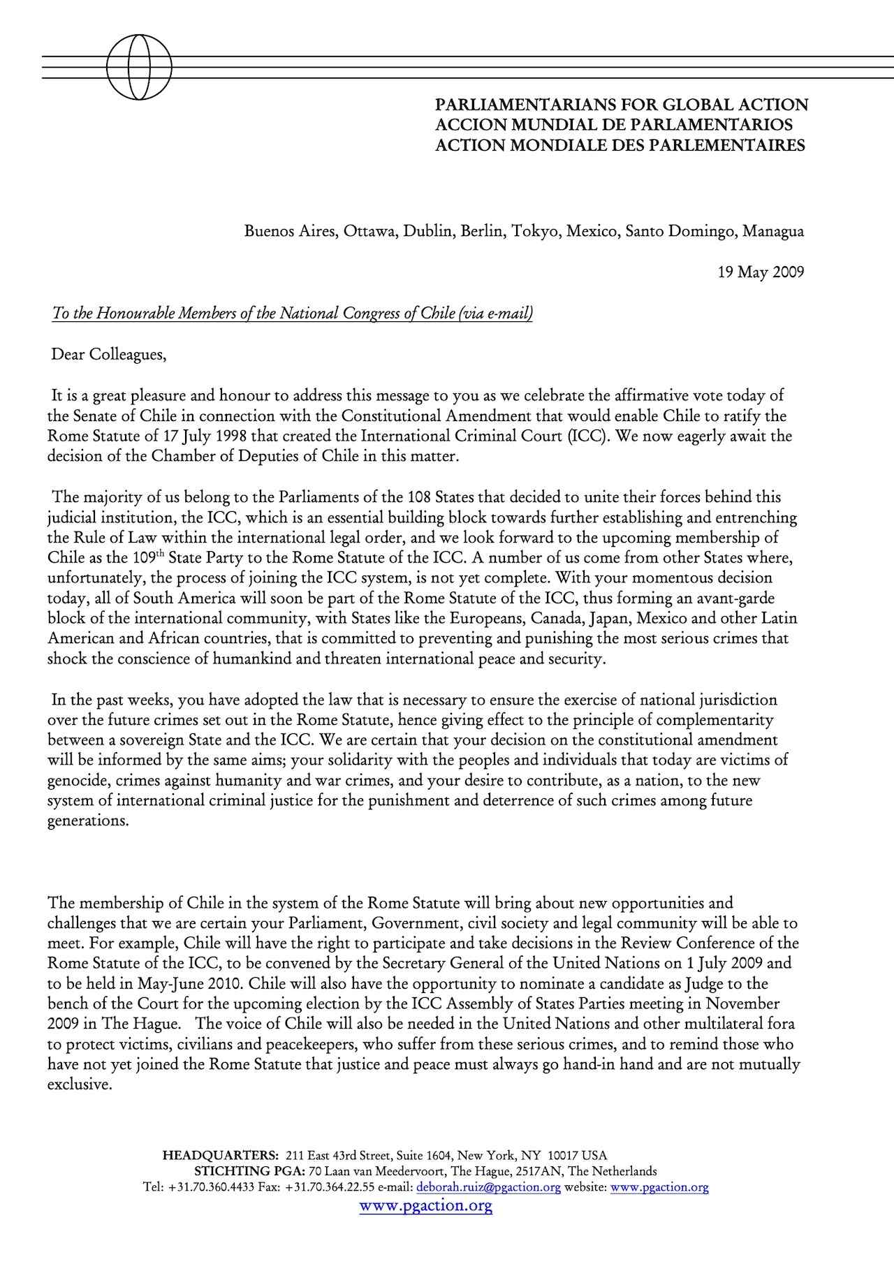 Letter to Members of National Congress of Chile (19 May 2009)