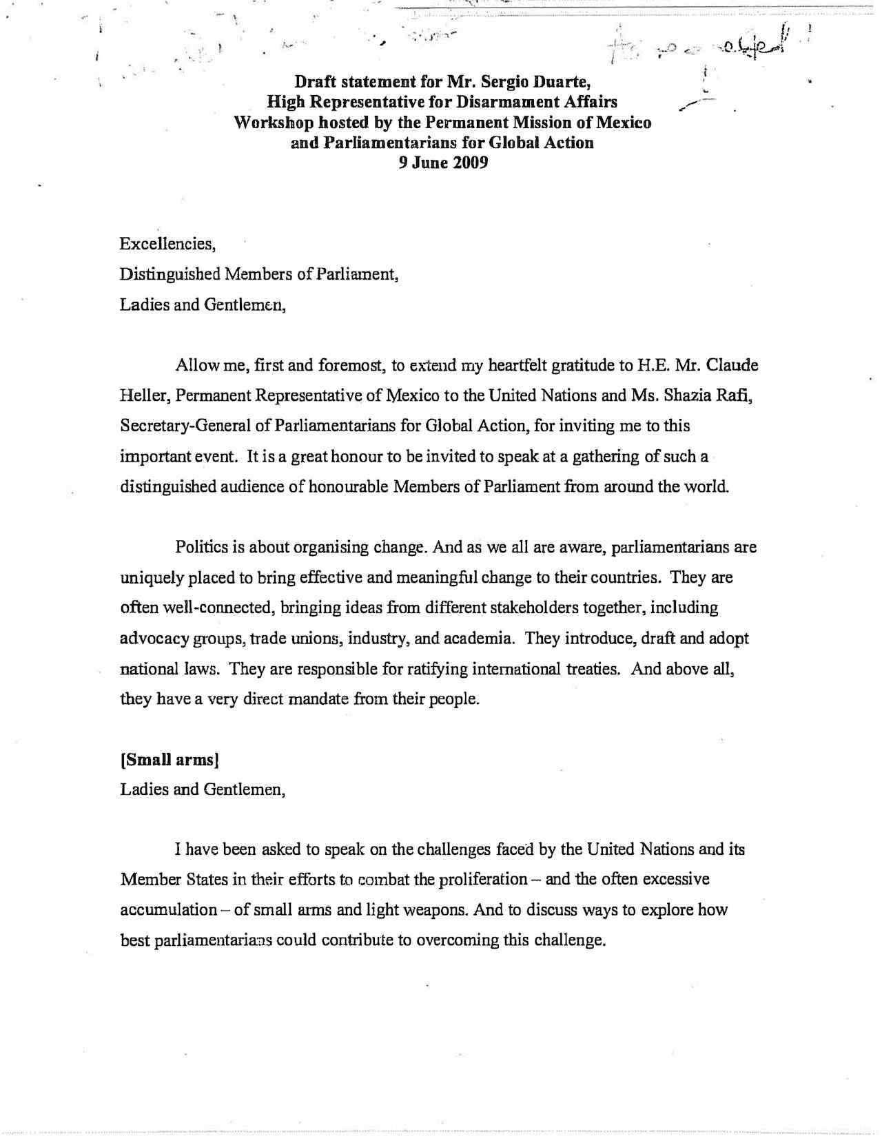 Statement by Sergio Duarte, High Represenative for Disarmament Affairs - Workshop hosted by the Permanent Mission of Mexico