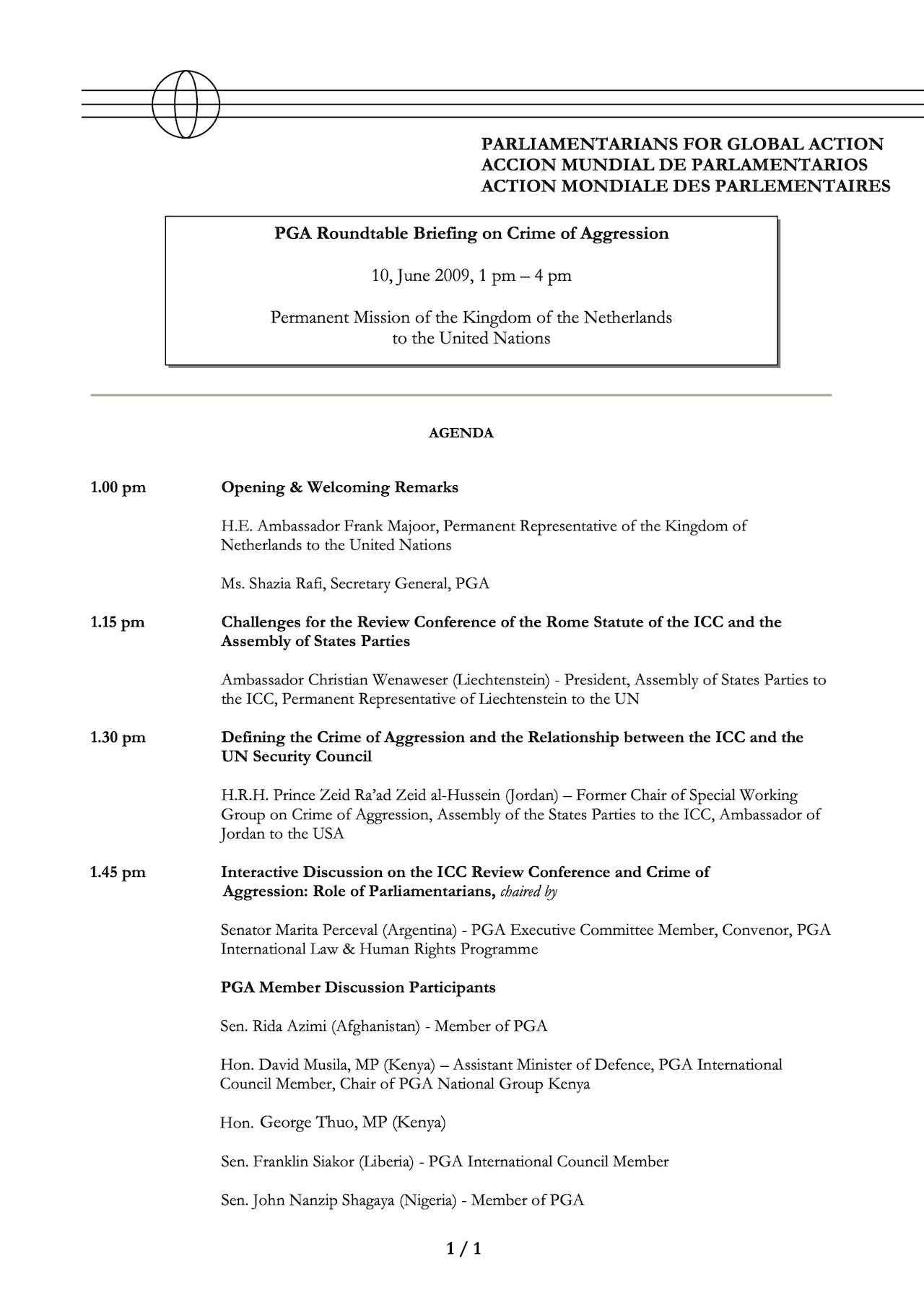 Agenda: PGA Roundtable Briefing on Crime of Aggression (June 2009)