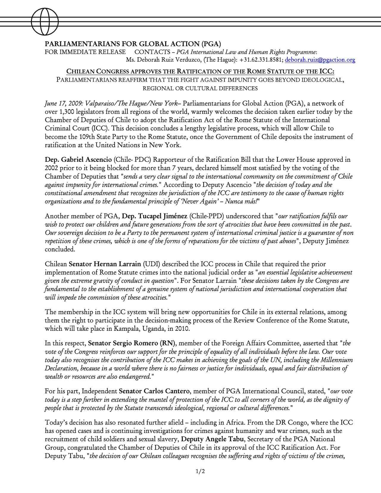 Chilean Congress Approves the Ratification of the Rome Statute of the International Criminal Court (June 17, 2009)