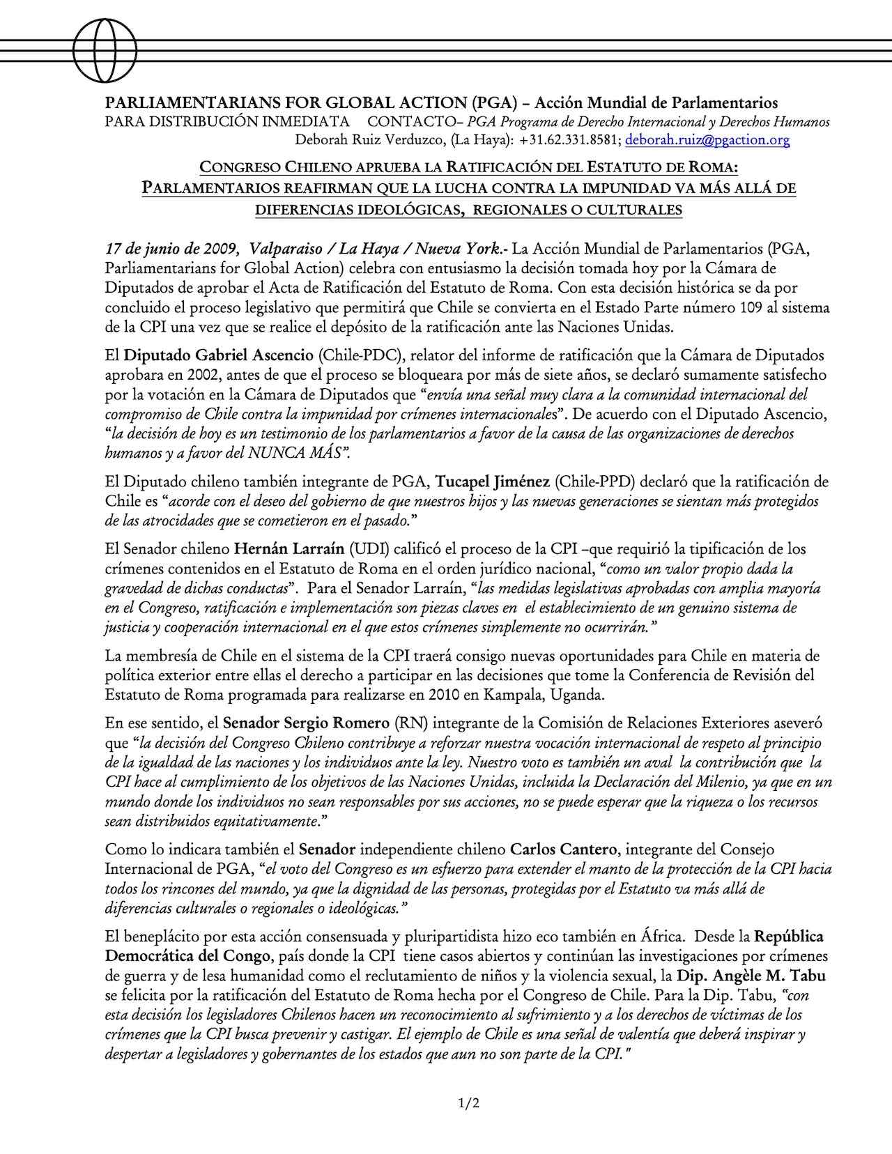 Congreso Chileno Aprueba La Ratificación Del Estatuto De Roma