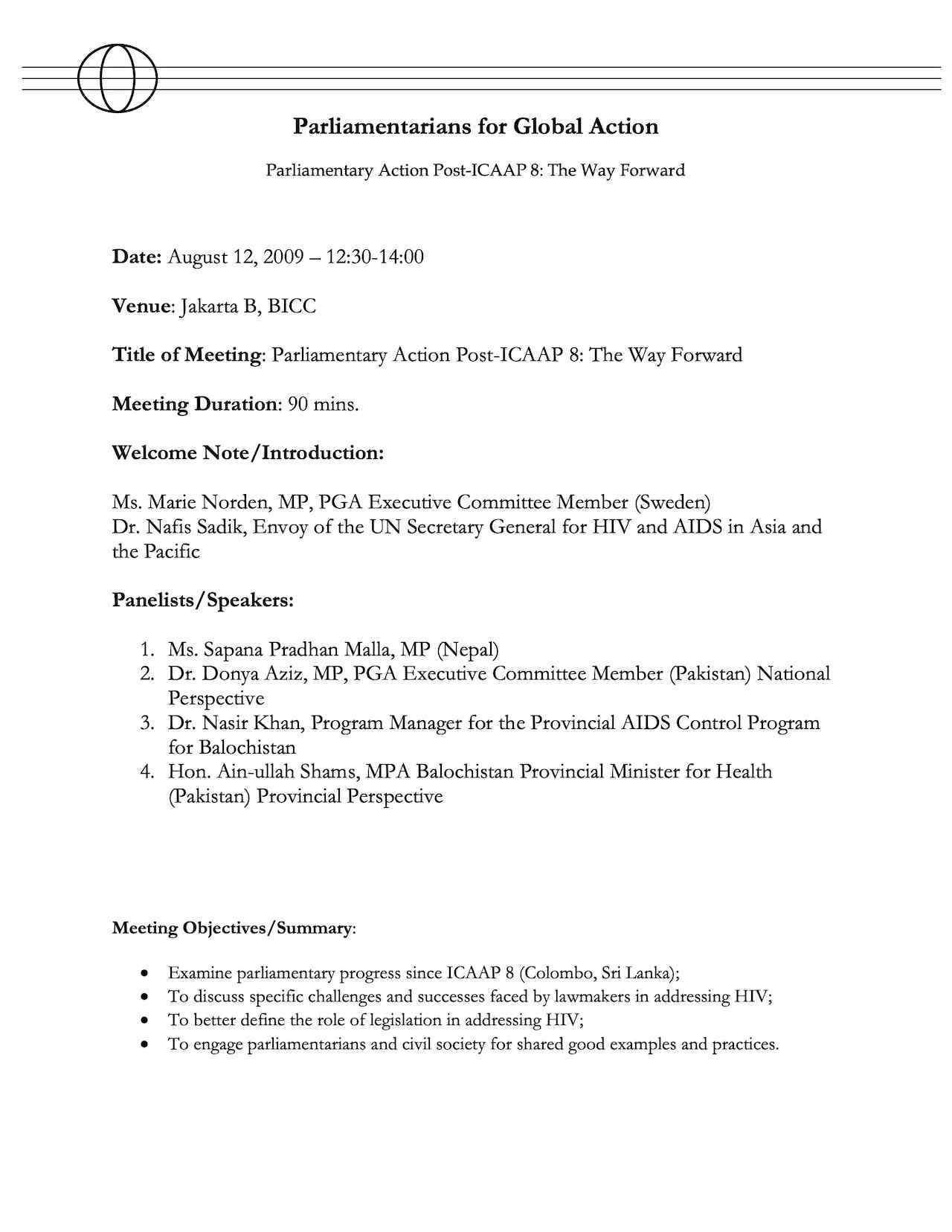 Agenda: Parliamentary Action Post-ICAAP 8: The Way Forward (Aug. 2009)