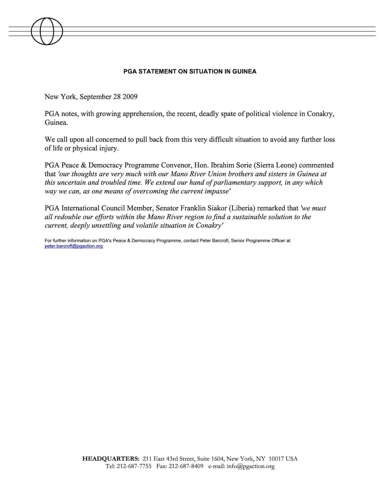 PGA Statement on the Situation in Guinea (Sep. 2009)