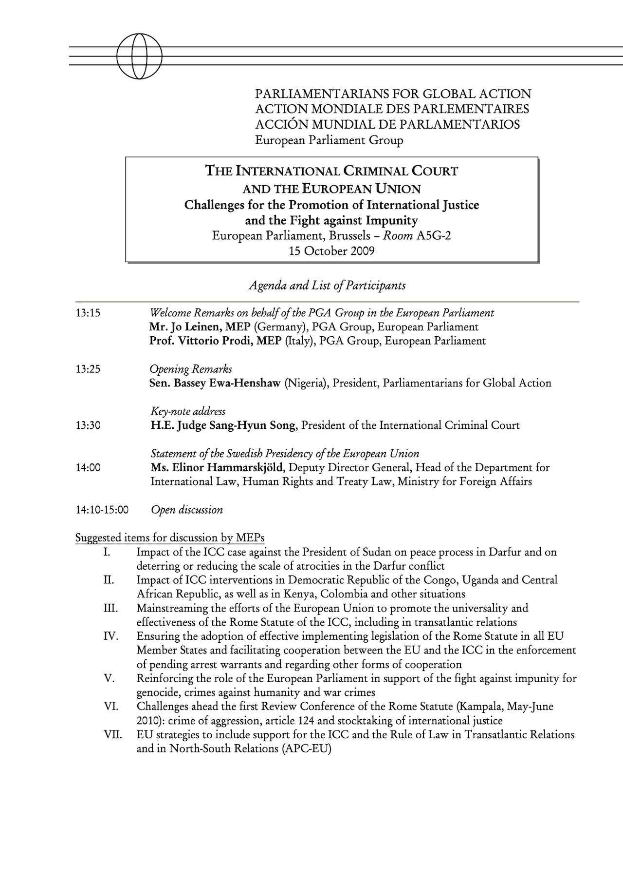 Agenda and List of Participants: The International Criminal Court and the European Union