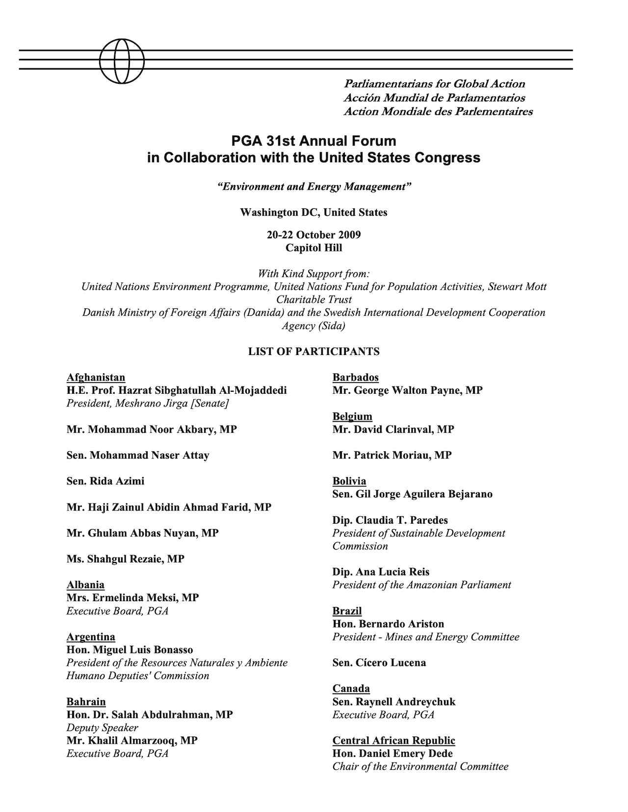 List of Participants: PGA 31st Annual Parliamentary Forum