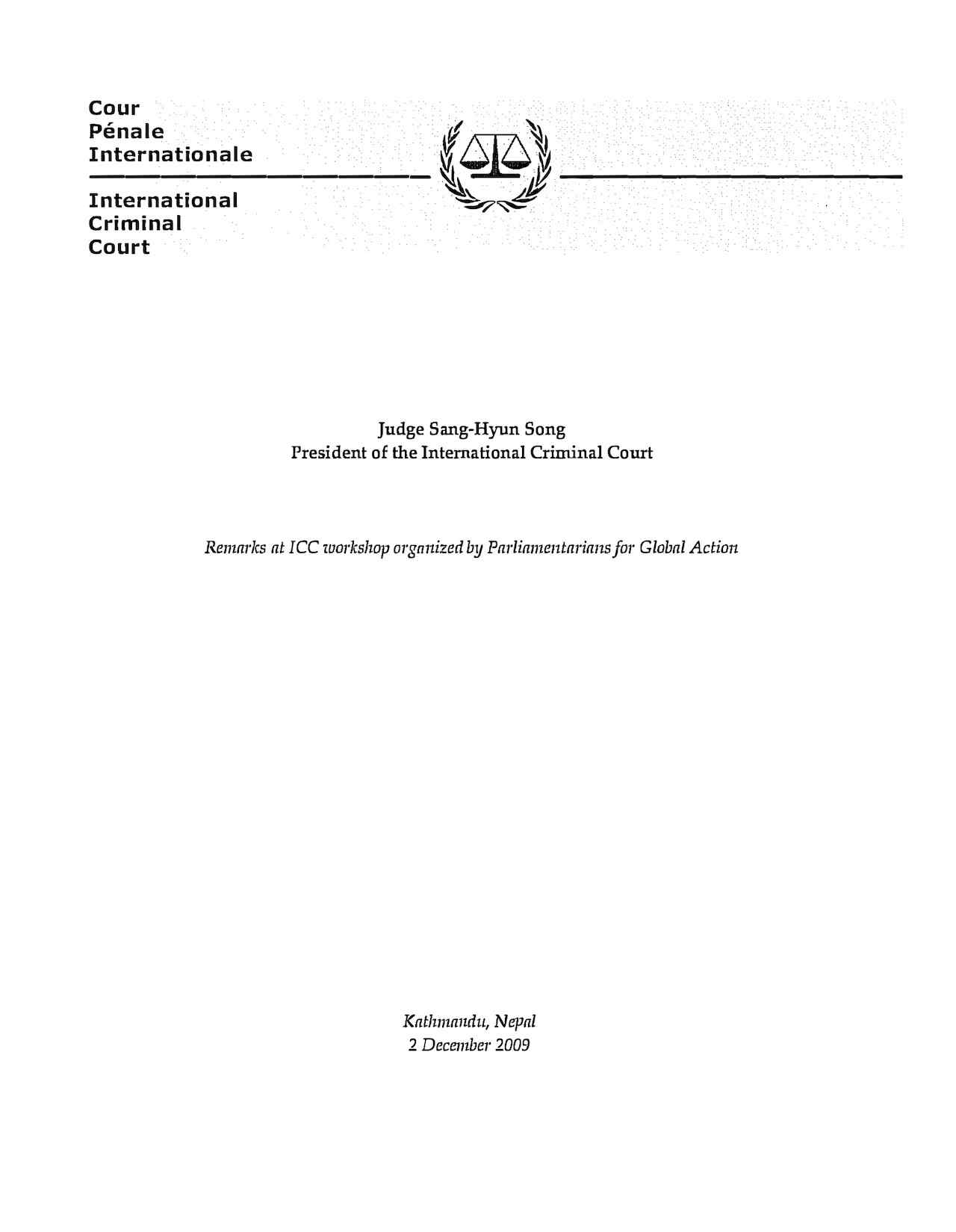 Speech by Judge Sang‐Hyun Song, Kinshasa, Kathmandu, Nepal (Dec. 2009)