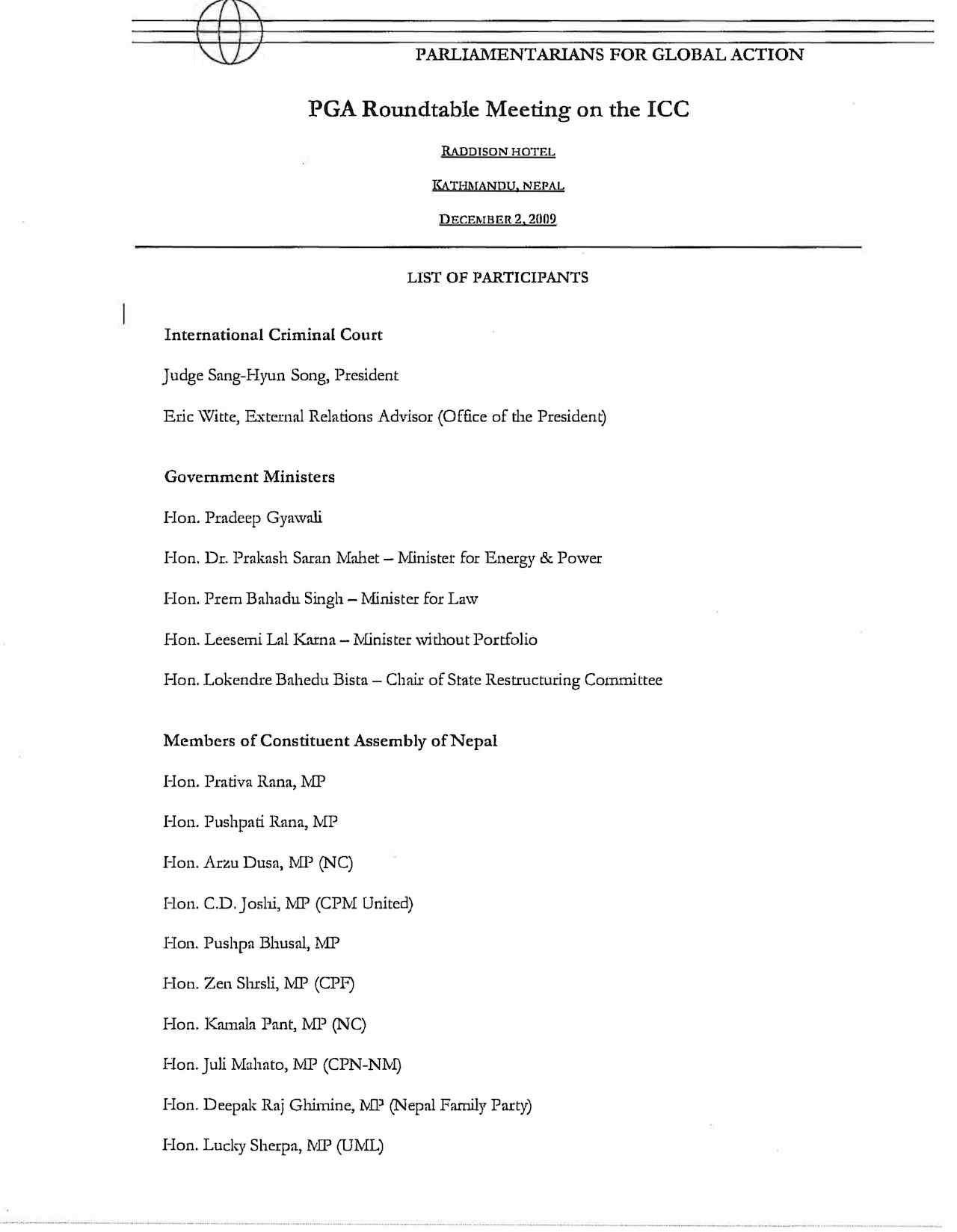 List of Participants: PGA Roundtable Meeting on the ICC (Dec. 2009)