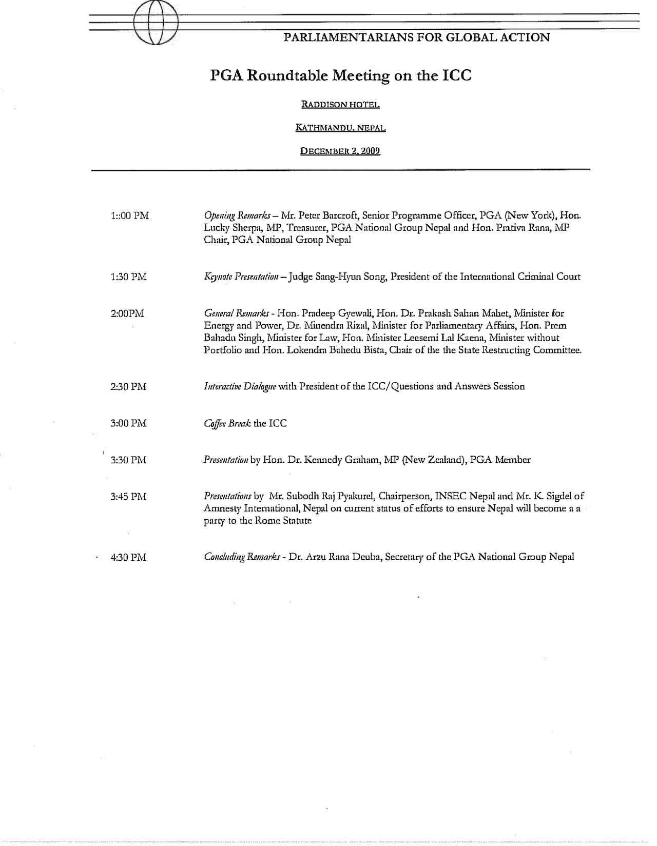Agenda: PGA Roundtable Meeting on the ICC (Dec. 2009)