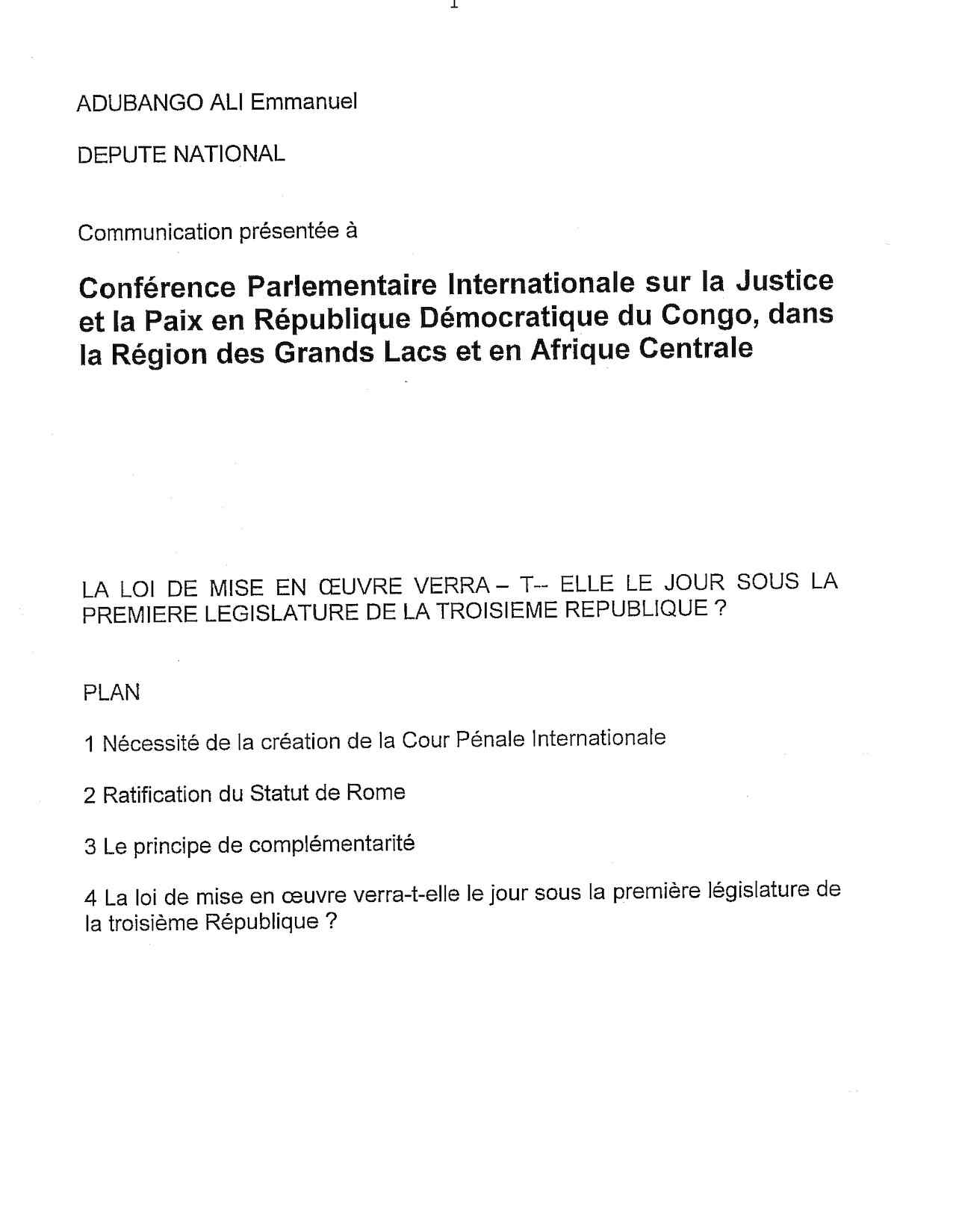 Allocution de Adubango Ali Emmanuel : Conférence Parlementaire lnternationale sur la Justice
