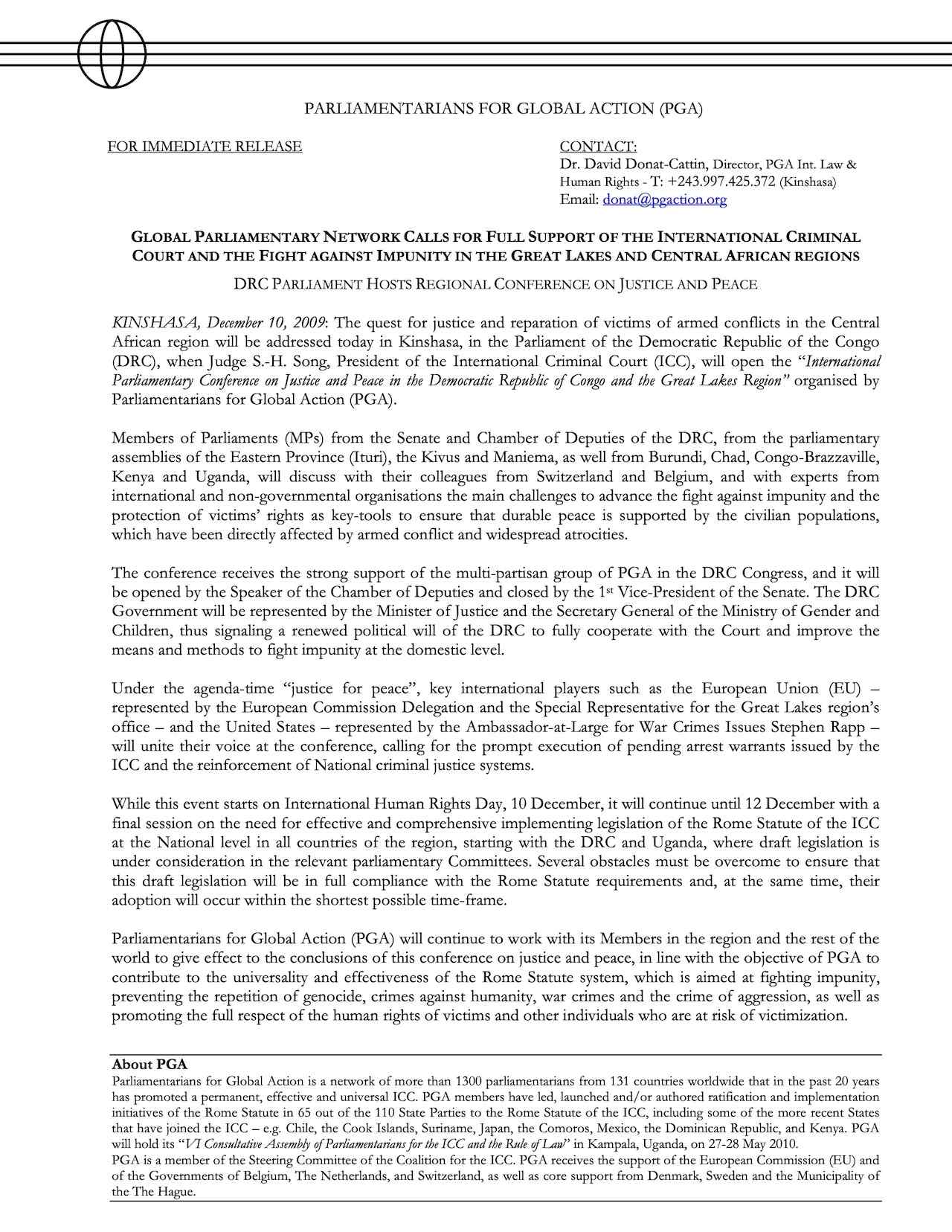 Global Parliamentary Network Calls For Full Support Of The International Criminal Court And The Fight Against Impunity In The Great Lakes And Central African Regions