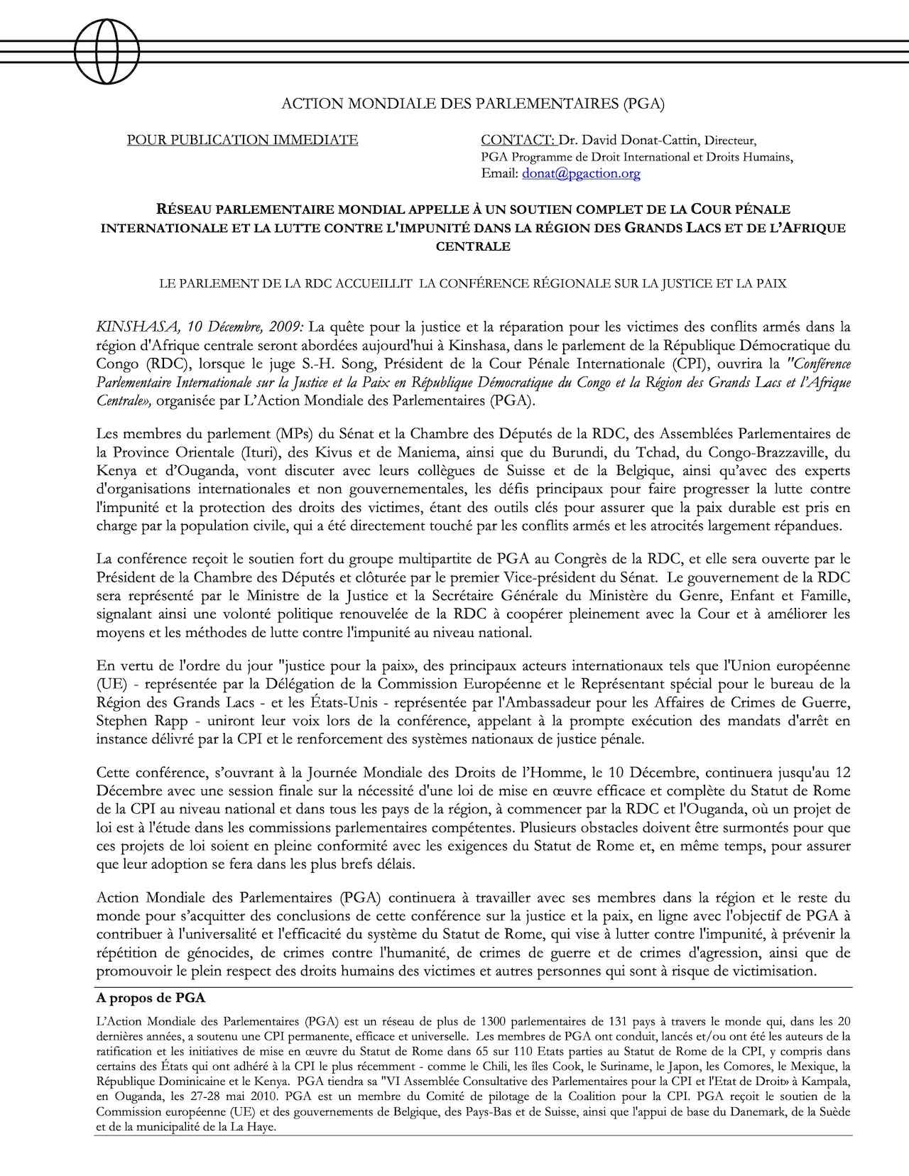 Réseau Parlementaire Mondial Appelle À Un Soutien Complet De La Cour Pénale Internationale Et La Lutte Contre L'impunité Dans La Région Des Grands Lacs Et De L’afrique Centrale
