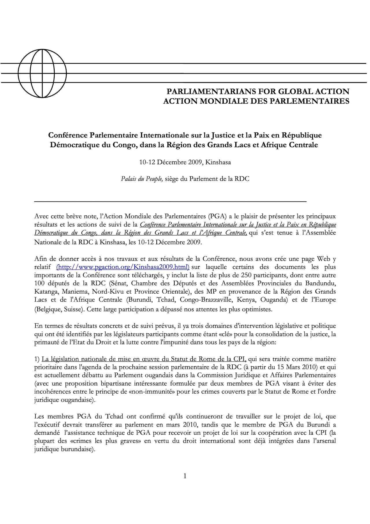 Conférence Parlementaire Internationale sur la Justice et la Paix (Dec. 2009)