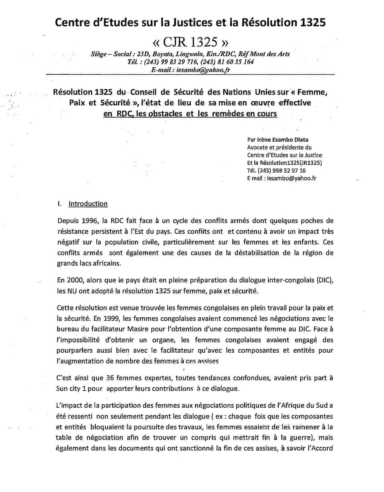 Mme. Irène Esambo Diata, Lawyer and President of the "Centre d'Etude sur la Justice et la Résolution 1325"