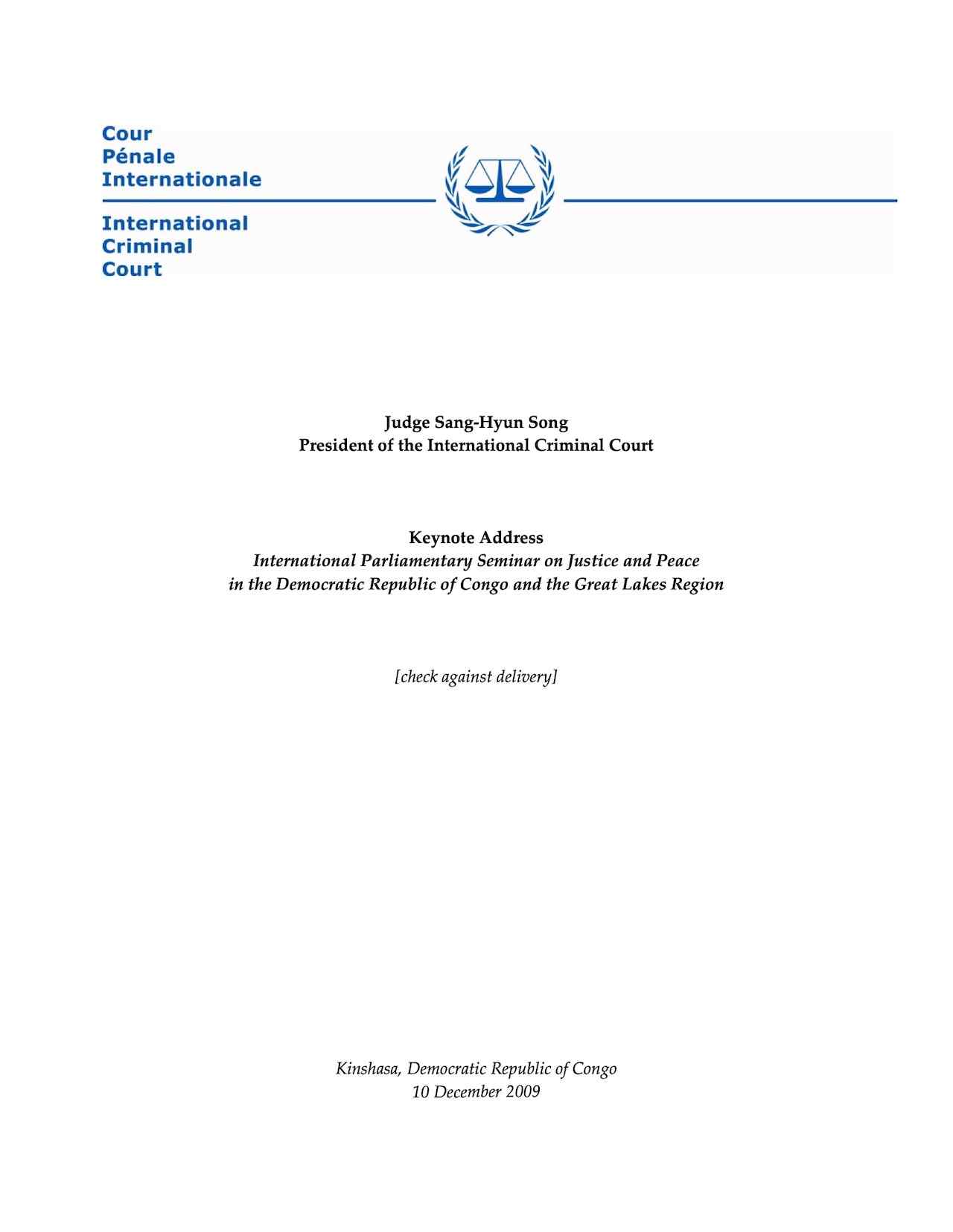 Speech by Judge Sang‐Hyun Song, Kinshasa, DRC (Dec. 2009)