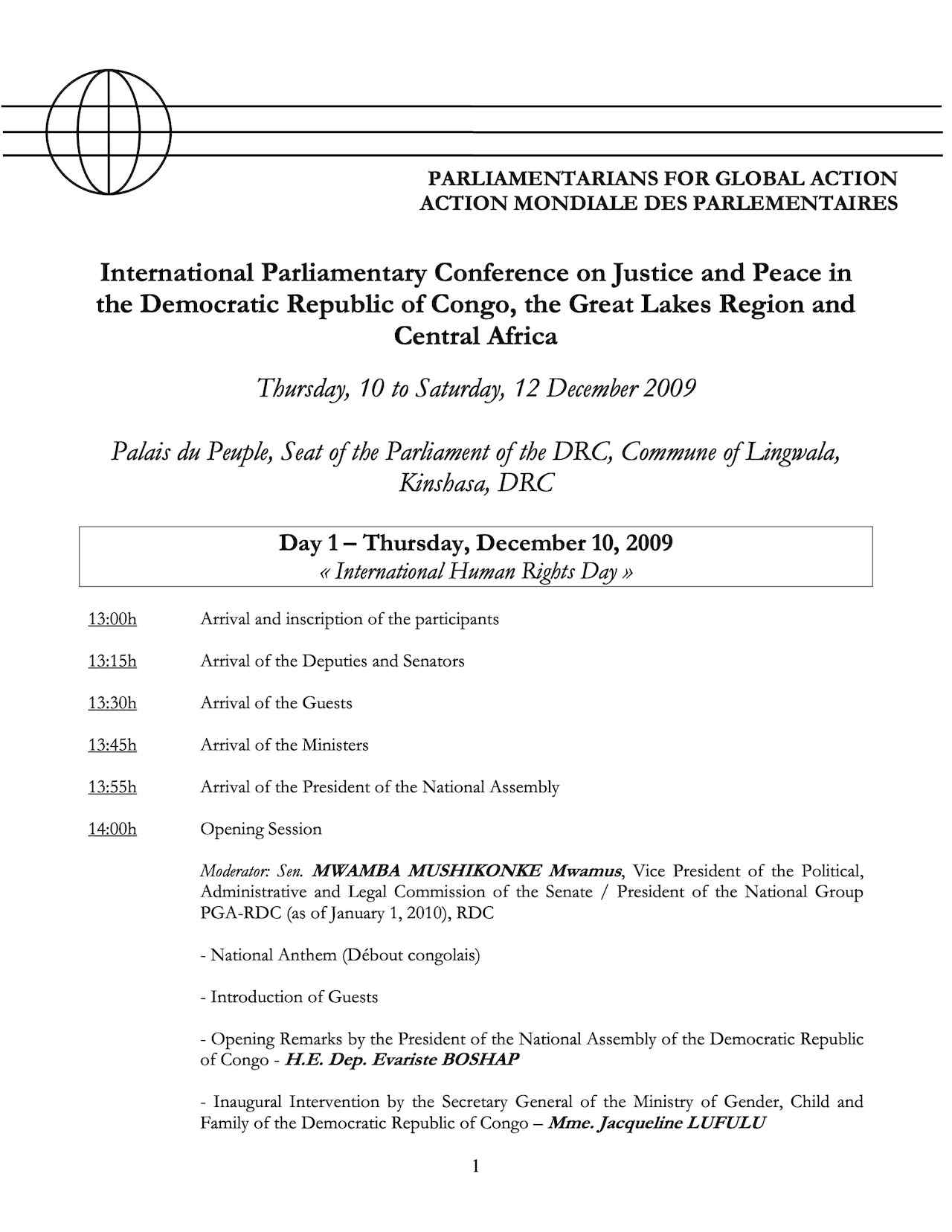 Agenda: International Parliamentary Conference on Justice and Peace in the Democratic Republic of Congo, the Great Lakes Region and Central Africa